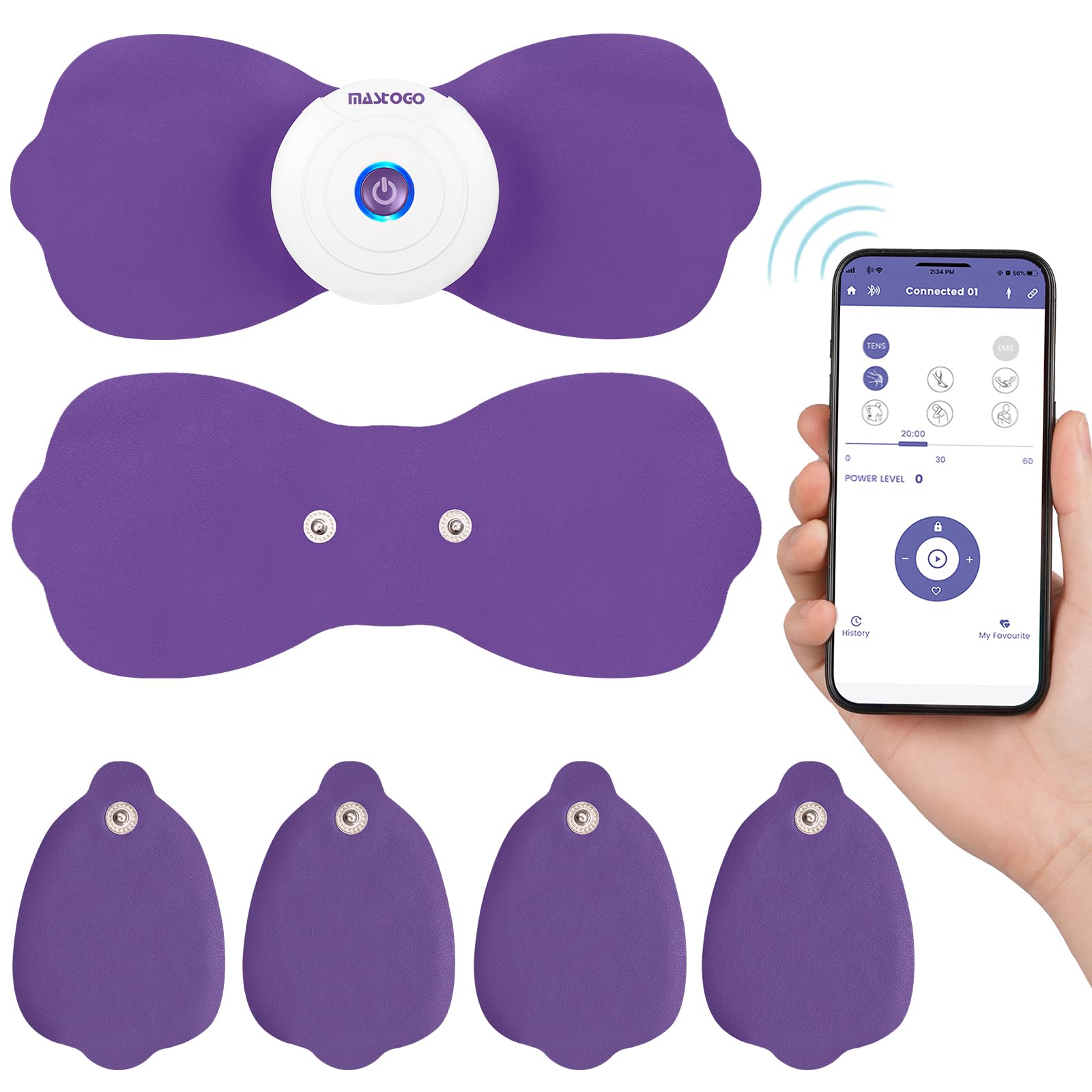 Wireless TENS Unit MASTOGO 12 Mode 20 Intensity APP Controlled Bluetooth - TENS EMS Muscle Stimulator Machine for Back Shoulder Leg Neck Pain Relief(Purple)