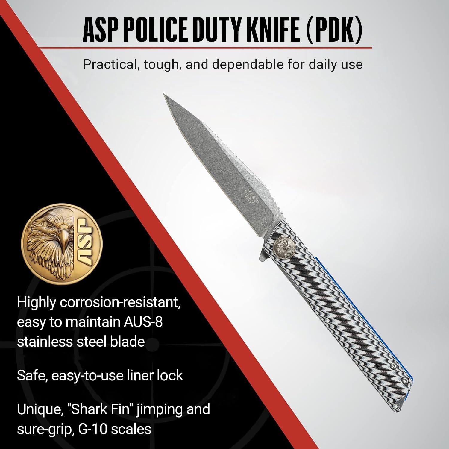 ASP Police Duty Knife (PDK) for Everyday Use, AUS-8 Blade, Reversible Pocket Clip, Ideal for Law Enforcement and Security Professionals, Slim Folder, White/Black Grip, Stonewashed Blade