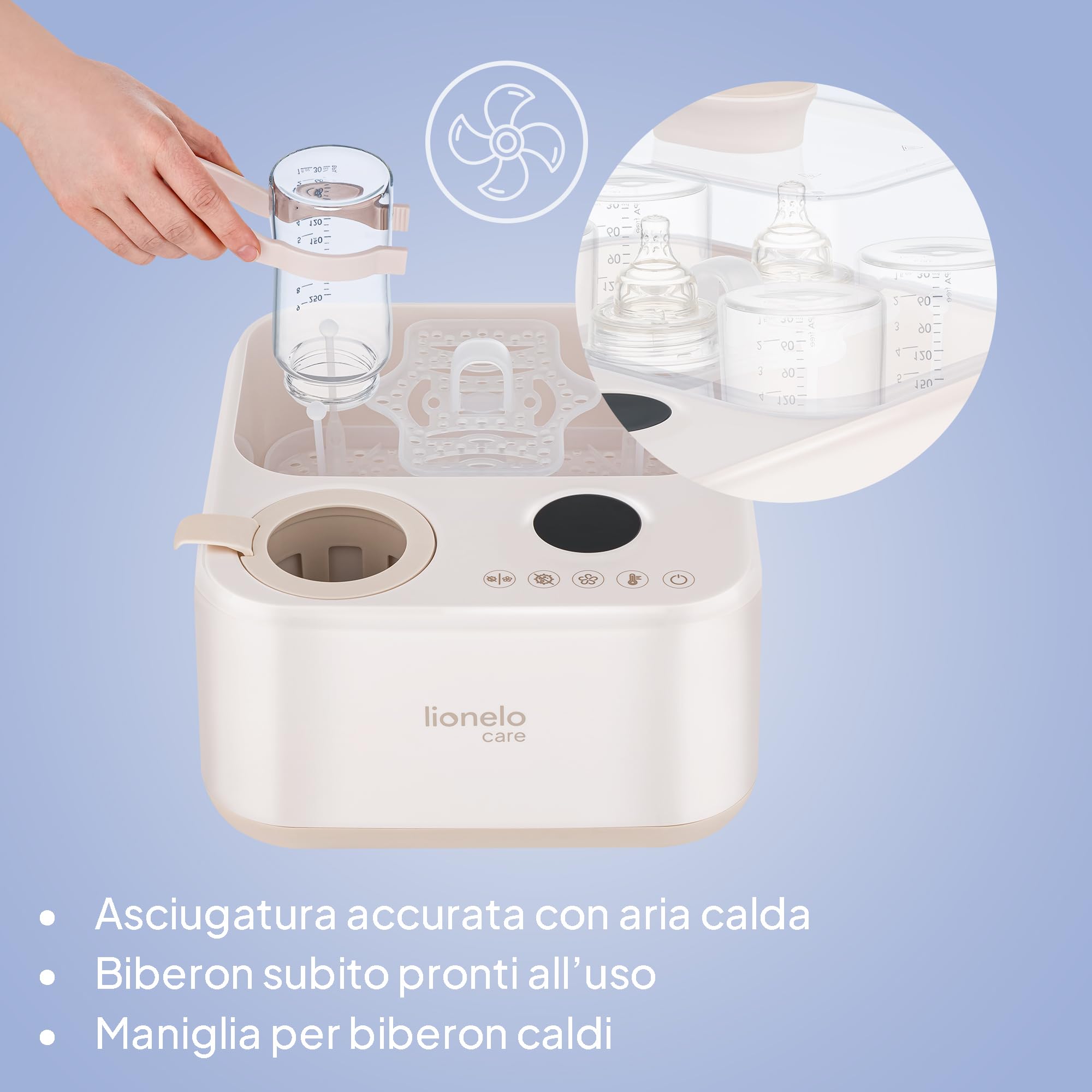Lionelo STEAMUP Sterilizzatore Biberon 3 in 1 Elettrico, Sterilizzatore a Vapore con Asciugatura Automatica e Scaldabiberon, 99,99% Batteri, Pannello Touch, Auto Spegnimento, BPA Free, per 4 Biberon