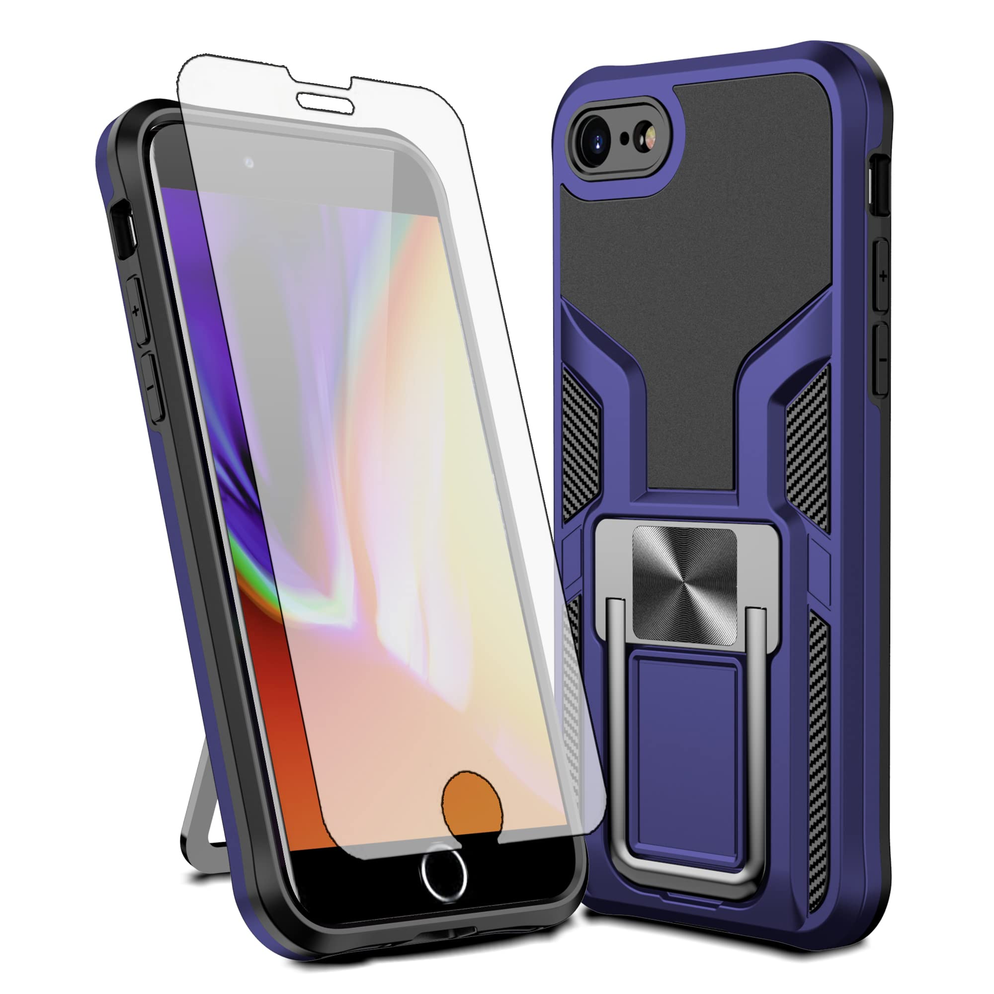 Compatible with iPhone 7/8/SE 2020/2022 Case Tempered Glass Screen Protector Stand Ring Holder Phone Cover for iPhone7 iPhone8 7s 8s i SE2020 SE2022 2/2nd/3/3rd Generation SE2 SE3 Women Men Blue