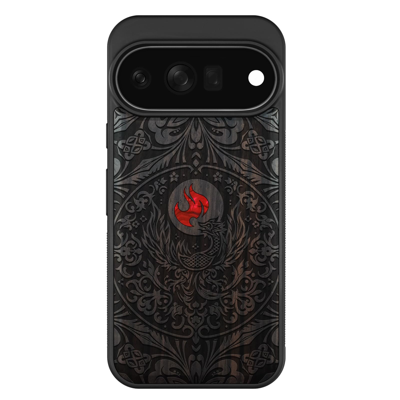 Carveit Madera Funda para Pixel 11 Pro XL (Oscura-Phoenix en simetría) | Compatible con MagSafe [Grabado en madera e incrustación de mejillones] Magnética Cover para Google Pixel 11 Pro XL Carcasa