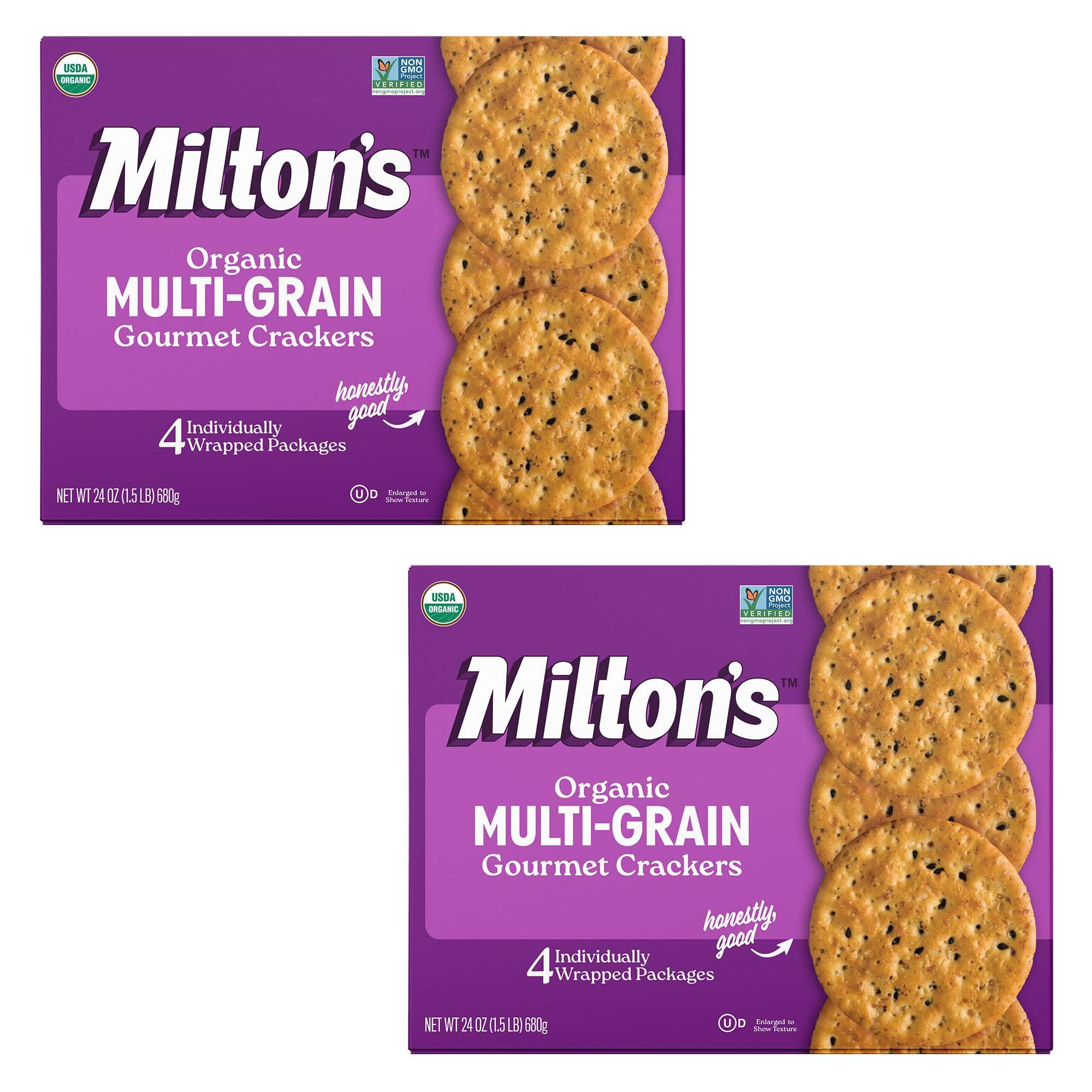 Milton's Organic Crackers, Multi-Grain - Certified Organic, Non-GMO Project Verified, Kosher, Made With 4 Whole Grains & 3 Seeds, Great for Charcuterie Boards - 24 Oz, Pack of 2
