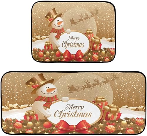 Miniatura 1 de Juego de 2 alfombras y tapetes de cocina con texto en inglés "Merry Christmas" con diseño de muñeco de nieve, 2 piezas, antideslizantes, lavables,