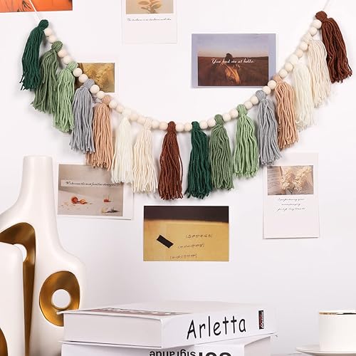 Miniatura 4 de Guirnalda de borlas verdes con cuentas de madera, guirnalda de hojas de selva para fiesta de primavera, guardería, habitación de niños, pared, aula,