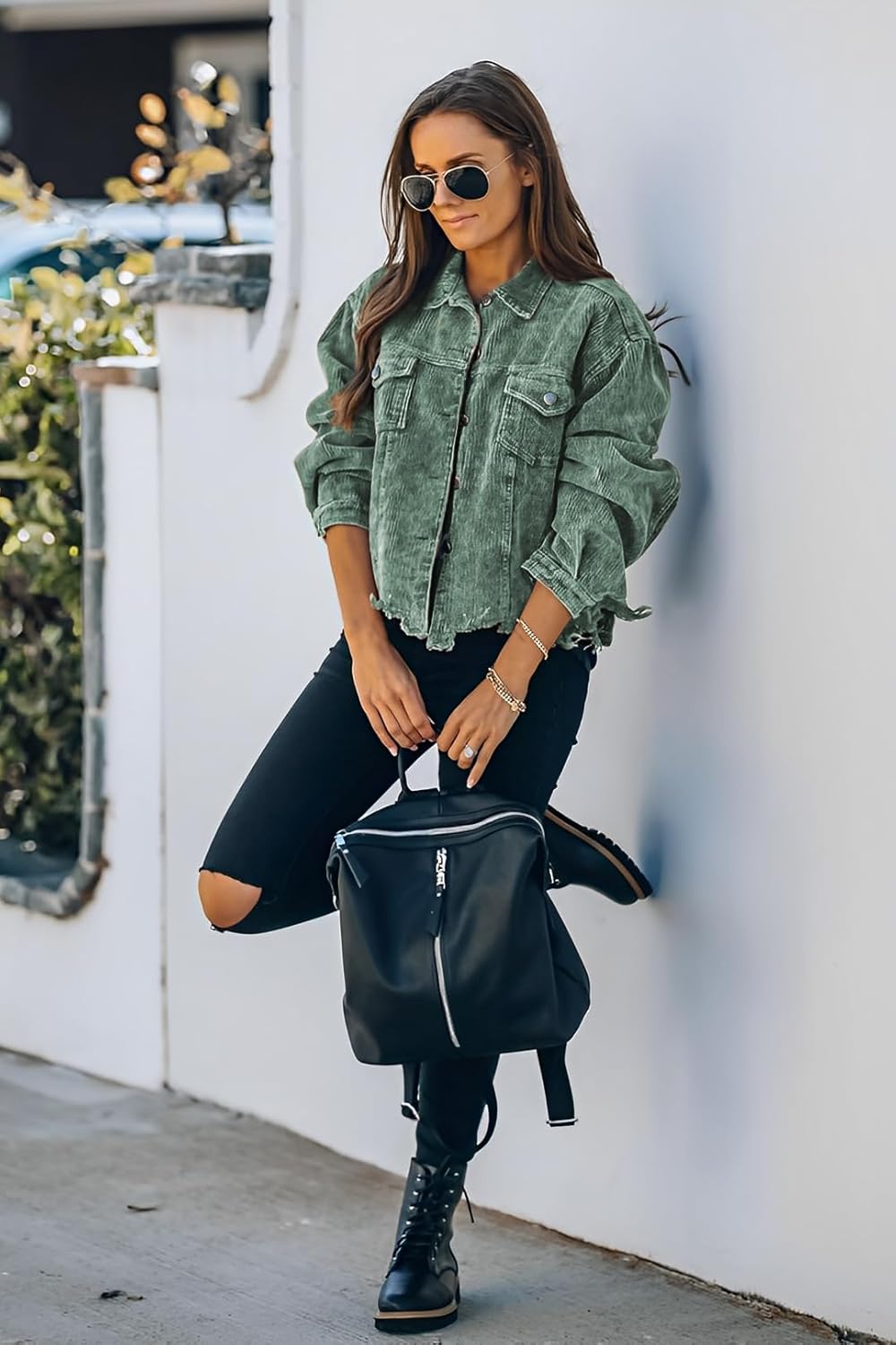 Womens Cropped Corduroy Jacket Casual Button Down Shacket Coat Fringe with Frayed Hem - Image 3