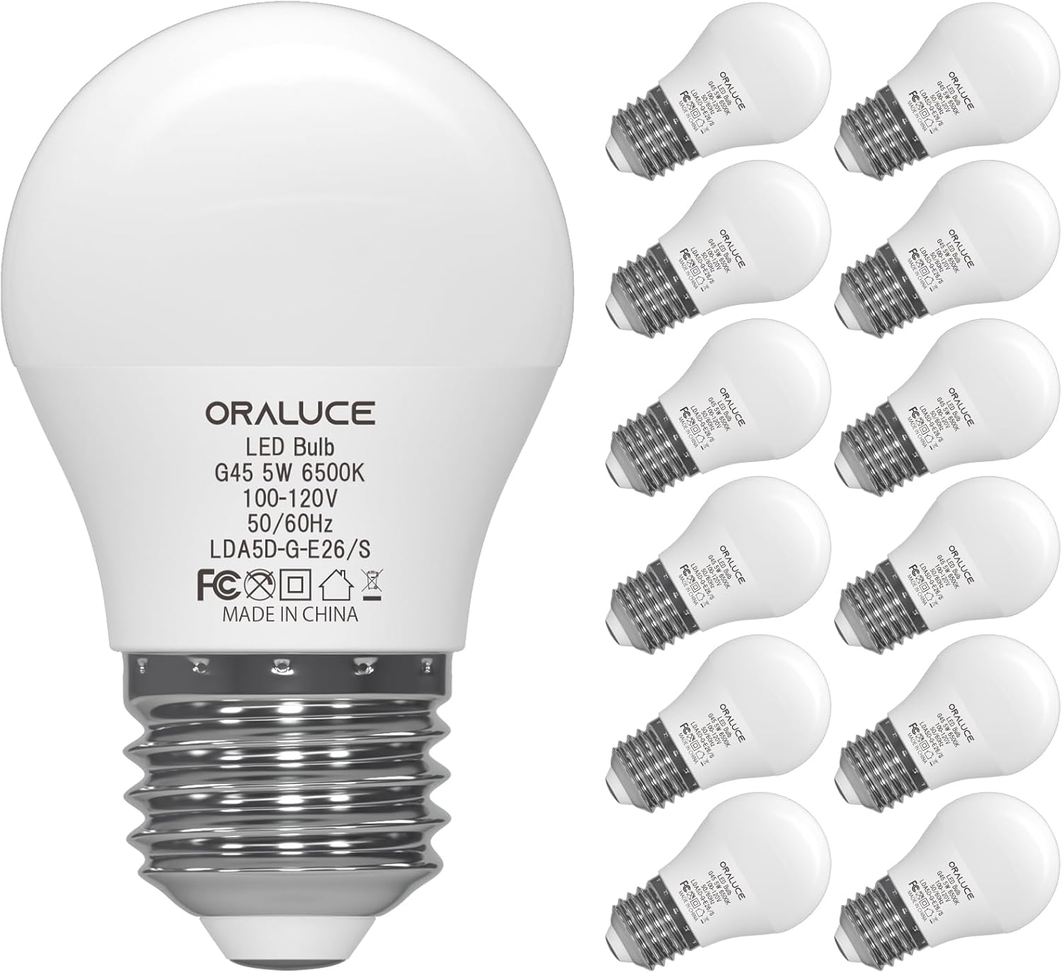 ORALUCE A15 Light Bulbs 40 Watt Cool White 6500K, Small LED Light Bulb 5 Watt, G45 E26 Medium Base Lightbulb 450 Lumen for Appliance,Non-Dimmable,12 Pack