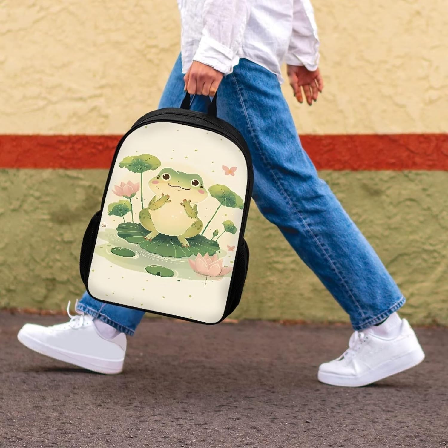 Lotus Flowers Frogs Print Backpack for Kids 6-8 Lightweight Waterproof Laptop Rucksack 17 Inch Daypack for Travel Outdoor Picnic