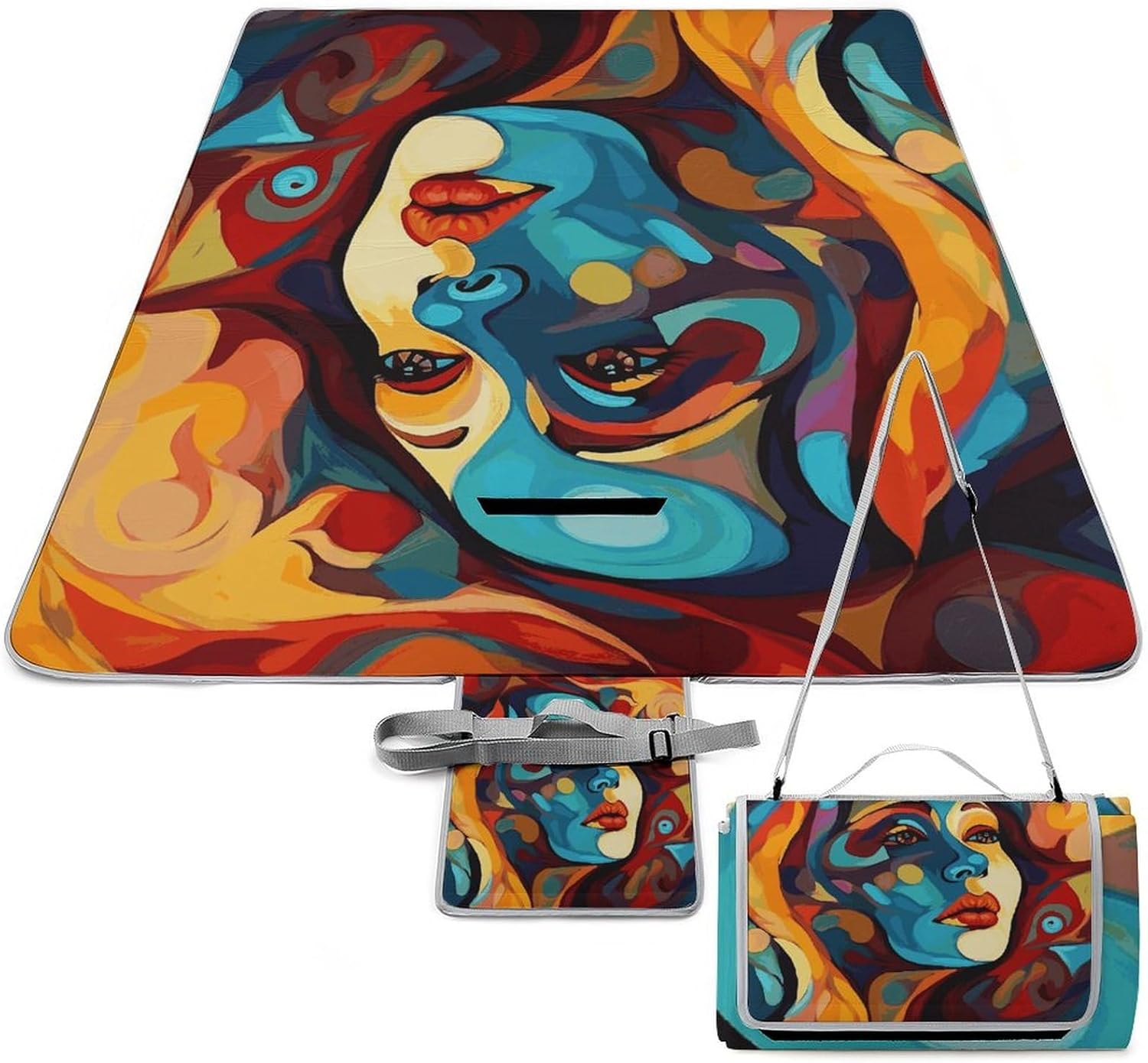 Abstract Colored Woman Face Waterproof Picnic Blanket 58.3''x58.3'',Portable and Foldable Picnic Mat with Handle,Outdoor Blankets for Lawn Park Beach Travel