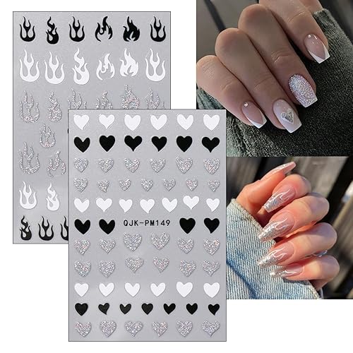 Miniatura 7 de JMEOWIO 10 hojas de calcomanías de arte de uñas con purpurina en blanco y negro, calcomanías autoadhesivas, calcomanías para uñas, lindo pentagrama,