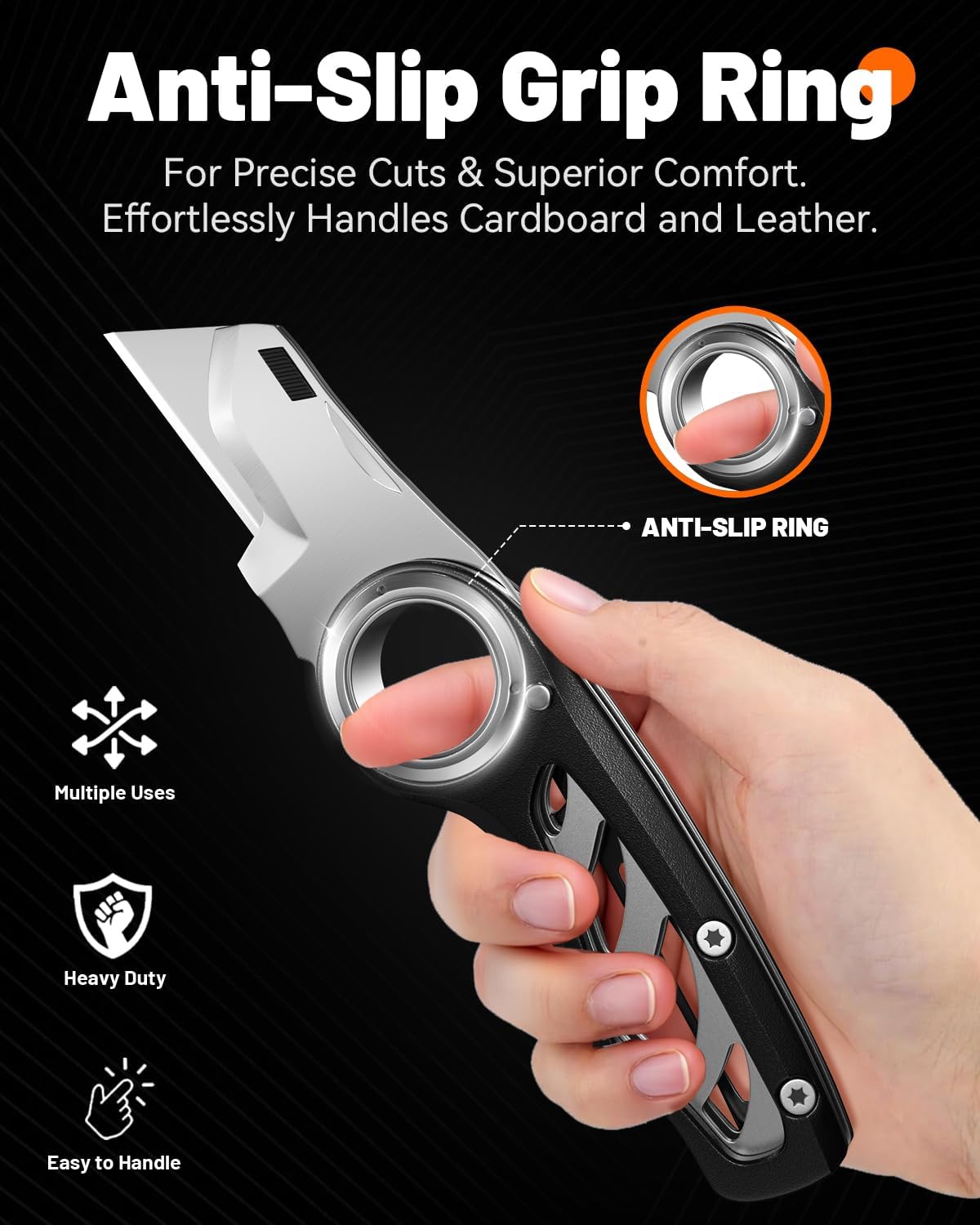 Folding Utility Knife Pocket Knife, Heavy-Duty Box Cutter with Anti Slip Finger Loop, Quick Change Blade Razor Knife, Box Cutters for Home, Office, Warehouse, Durable Razor Knife, Box Knife (Black)