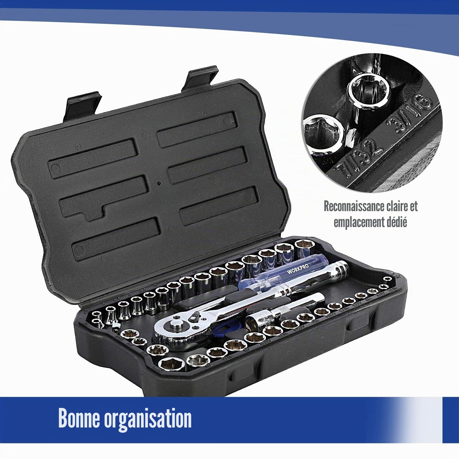 WORKPRO Coffret de Douilles en Cr-V 1/4-inch et 3/8-inch et Clé à Cliquet de Dégagement Rapide (39-Pièce)
