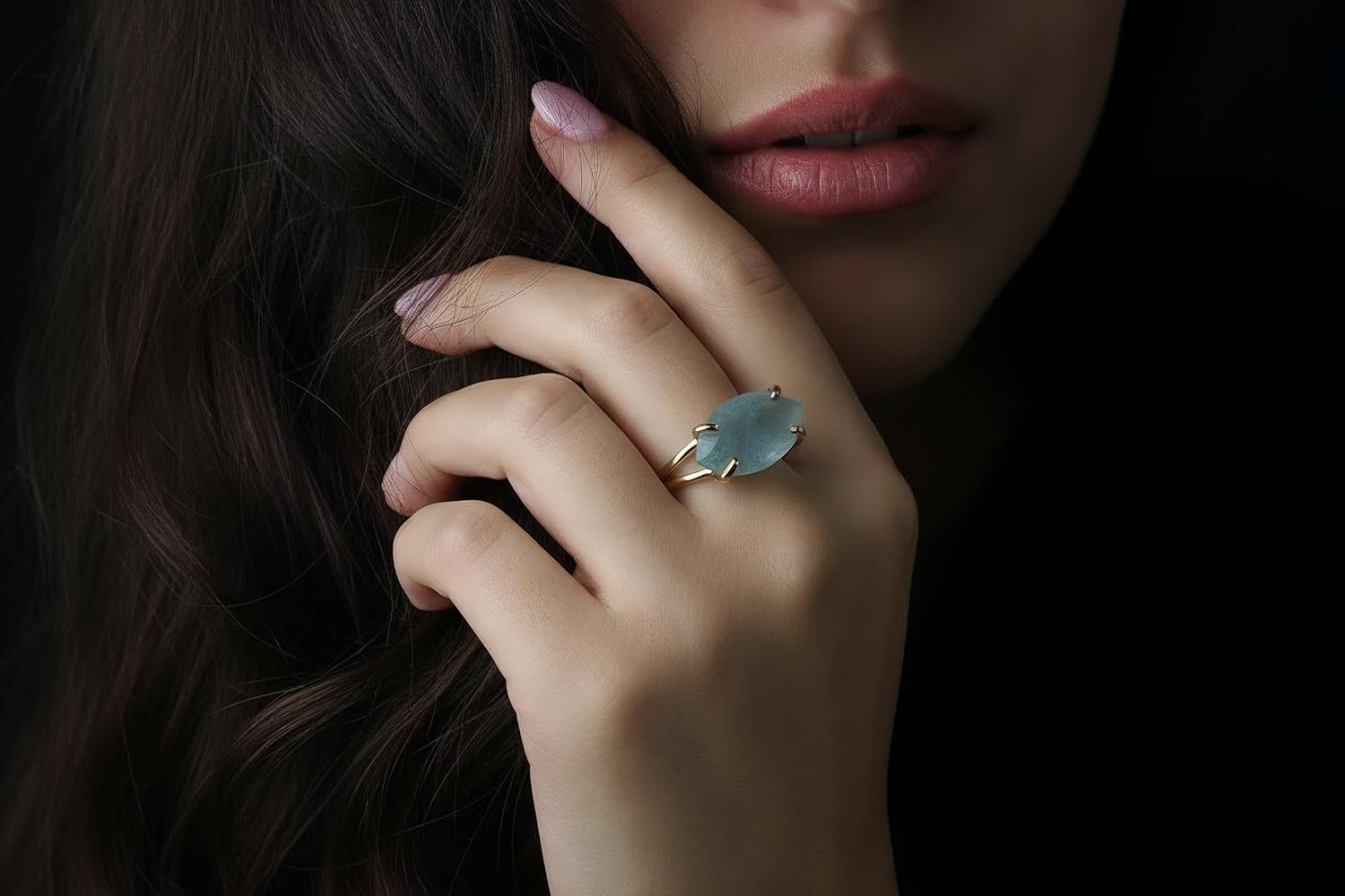 14k Gold Aquamarine Marquise Gemstone Ring – March Birthstone Jewelry – Handmade Statement Ring – Light Blue Gemstone