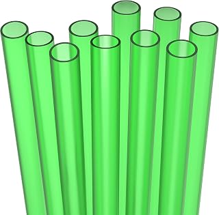 10 EXTRA WIDE Long Reusable Hard Plastic Drinking Straws + Cleaning Brush - Fat Thick Large Jumbo Straws for Smoothies and Milkshakes - Green - Dishwasher Safe BPA Free