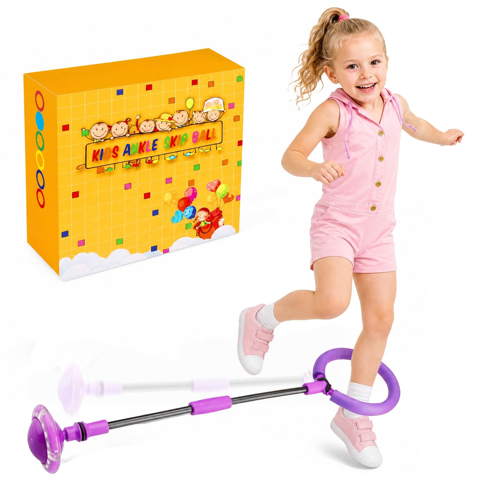 1 Pack Purple Ankle Skip Ball with Flashing Wheels, Foldable Outdoor Sports Toy, Fun Garden Games for Kids Girls Birthday Gifts Age 5 6 7 8 9 10+