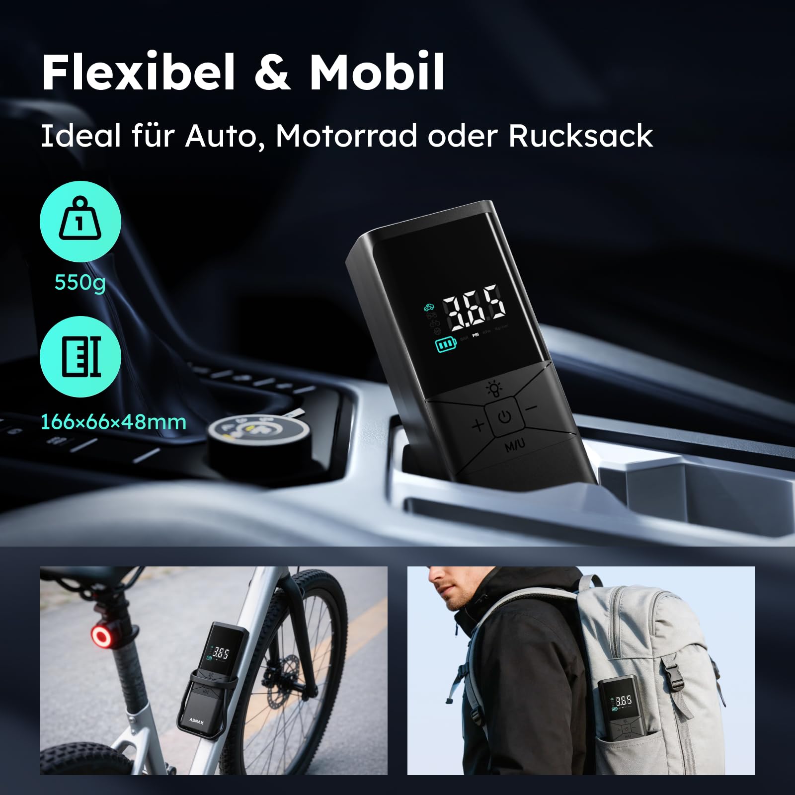 ASMAX T40 Elektrische Luftpumpe 6000mAh, Akku-Kompressor 150 PSI/10,3 Bar | 25L/min Schnellaufpumpen, LED-Licht, Digitaler Reifendruckmesser, Tragbare Fahrradpumpe für Auto, Motorrad, Fahrrad und Bälle