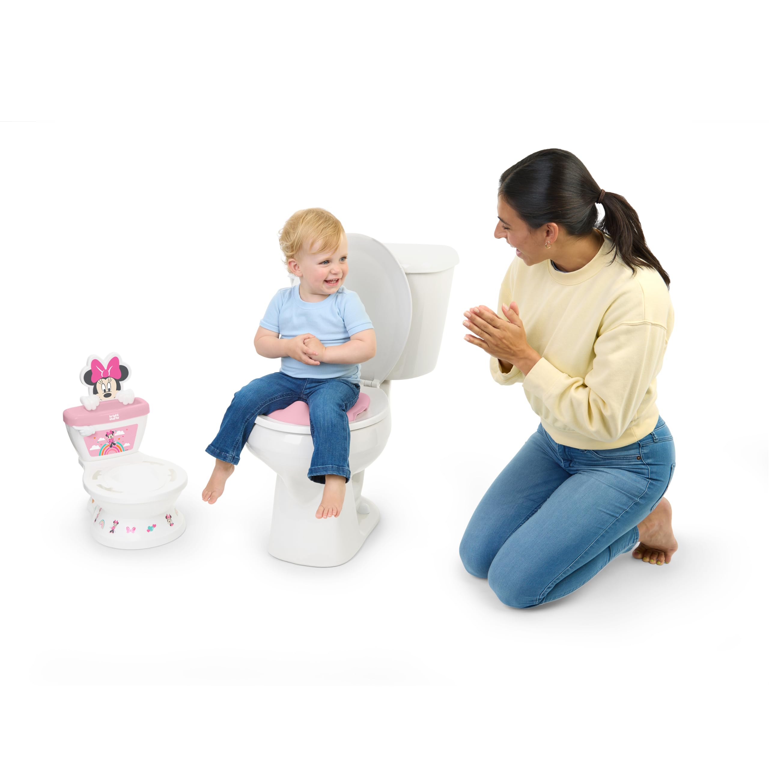 Bright Starts Disney Junior Minnie Mouse My Size Potty Training Toilet, Toddler Potty Chair with Flushing & Cheering Sounds, Removable Seat with Splash Guard & Handles, Ages 18+ Months, Up to 50 lbs