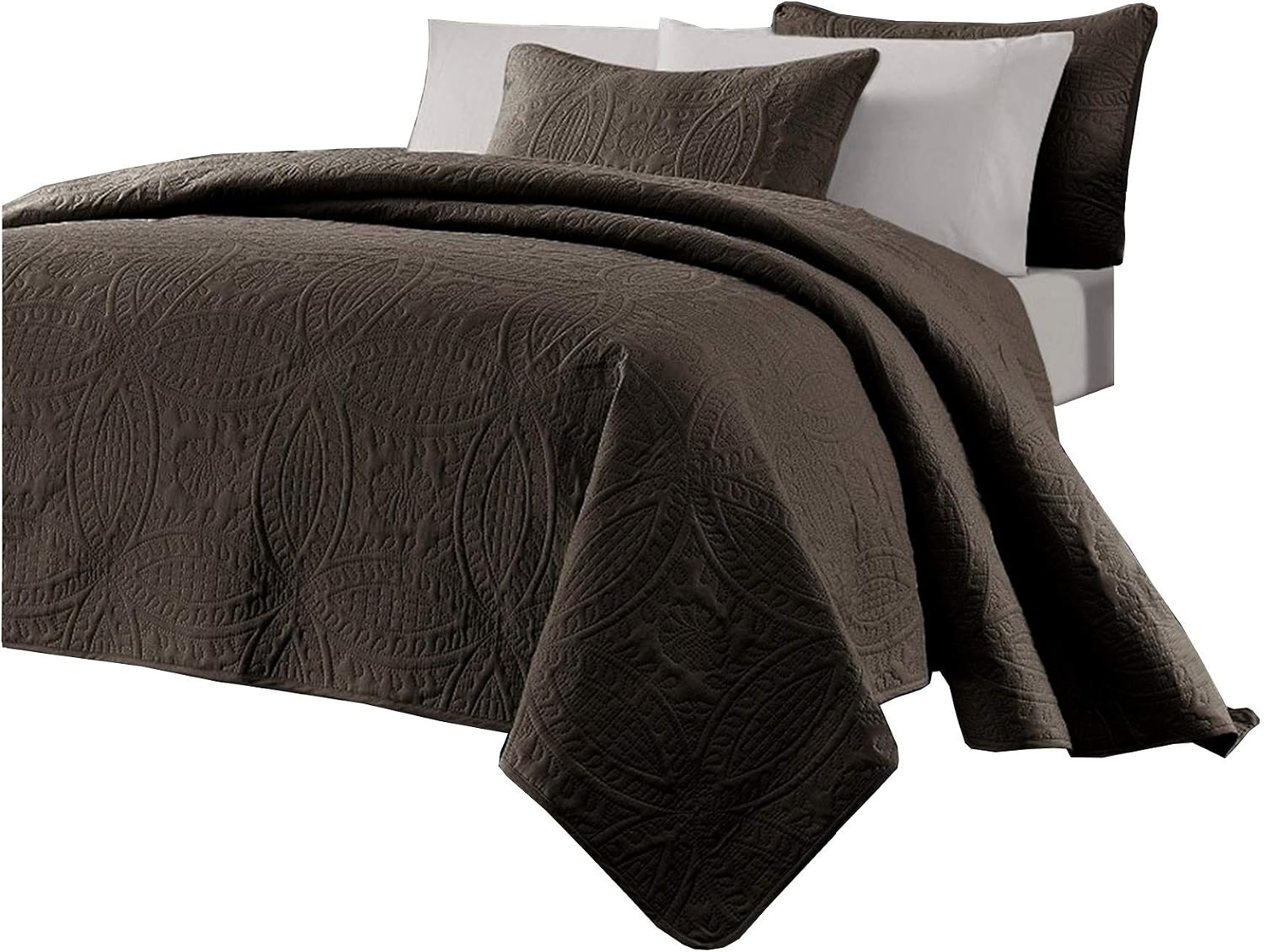 Chezmoi Collection Austin 3-Piece Oversized Bedspread Coverlet Set (King, Chocolate)