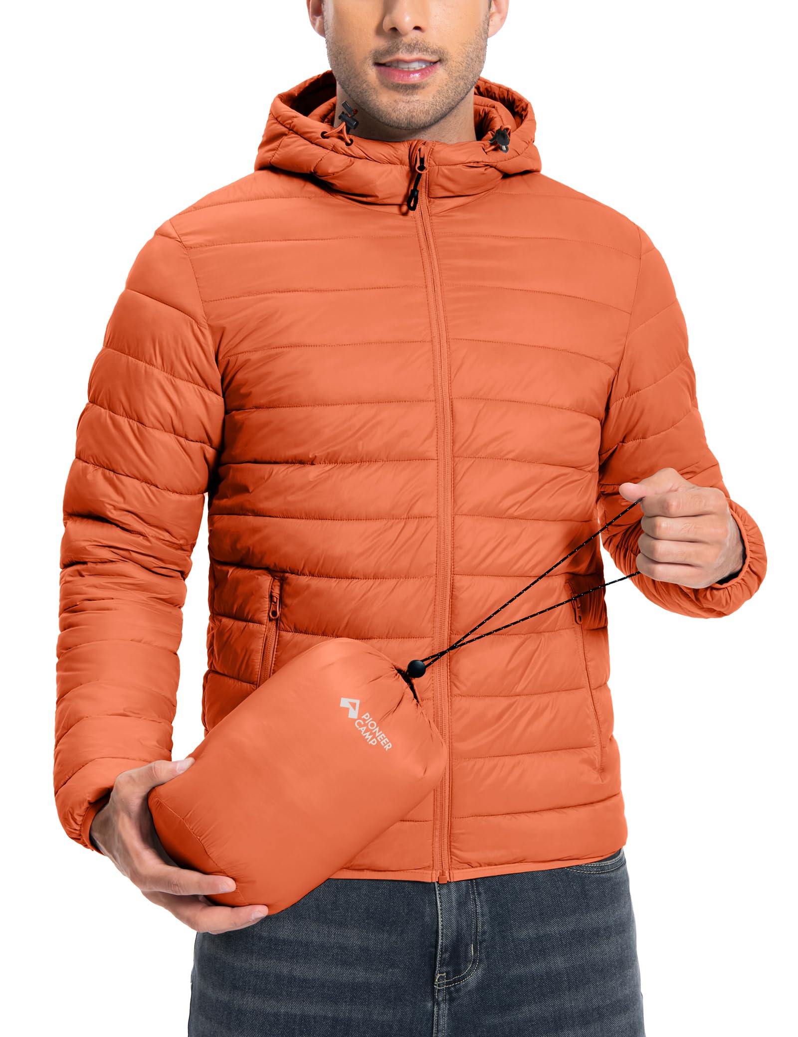 Pioneer Camp Veste matelassée légère et pliable à capuche pour homme - Veste d'hiver thermique bouffante pour course à pied et voyage