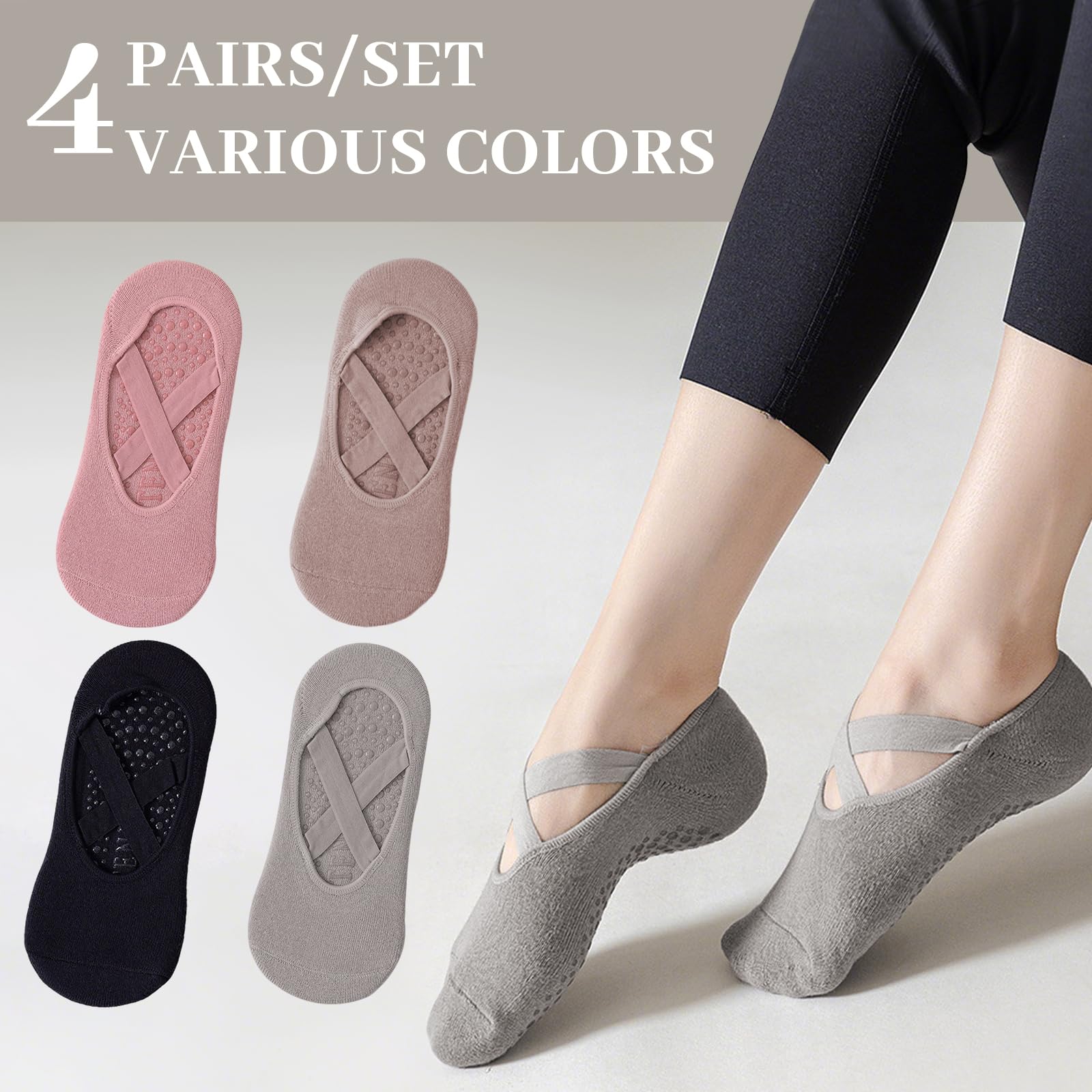 Chaussettes Antidérapantes Femme Pilates Coton Respirant avec Poignées Sangles pour Yoga Barre Ballet Danse Entraînement