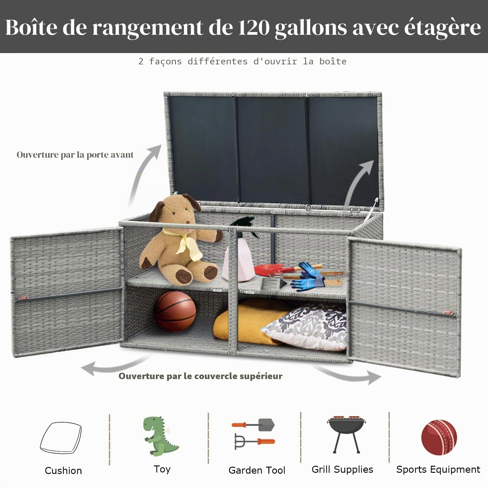 KOMFOTTEU Coffre de Rangement en Rotin avec double Portes et Couvercle, Armoire de Jardin 2 Étages, 115 x 60 x 65 cm, gris