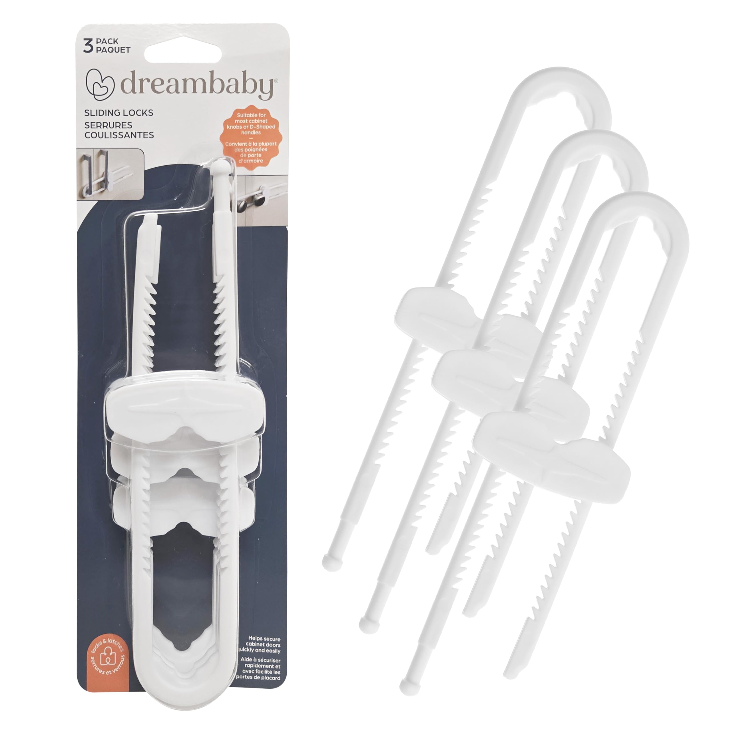 Dreambaby Sliding Cabinet Locks - Child Proof Cabinet Latches - For Kitchen, Bathroom Storage Doors Handles & Knobs - Suitable for Round & D-Shaped Handles - 3 Pack - White - Model L183