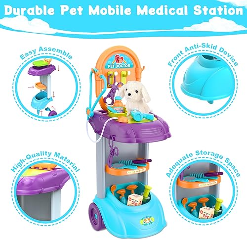 Miniatura 5 de TOYMNI Kit de carrito de médico para niños de 3, 4, 5, juego de médico, juego médico de simulación para niños pequeños y niñas, 18 juguetes de