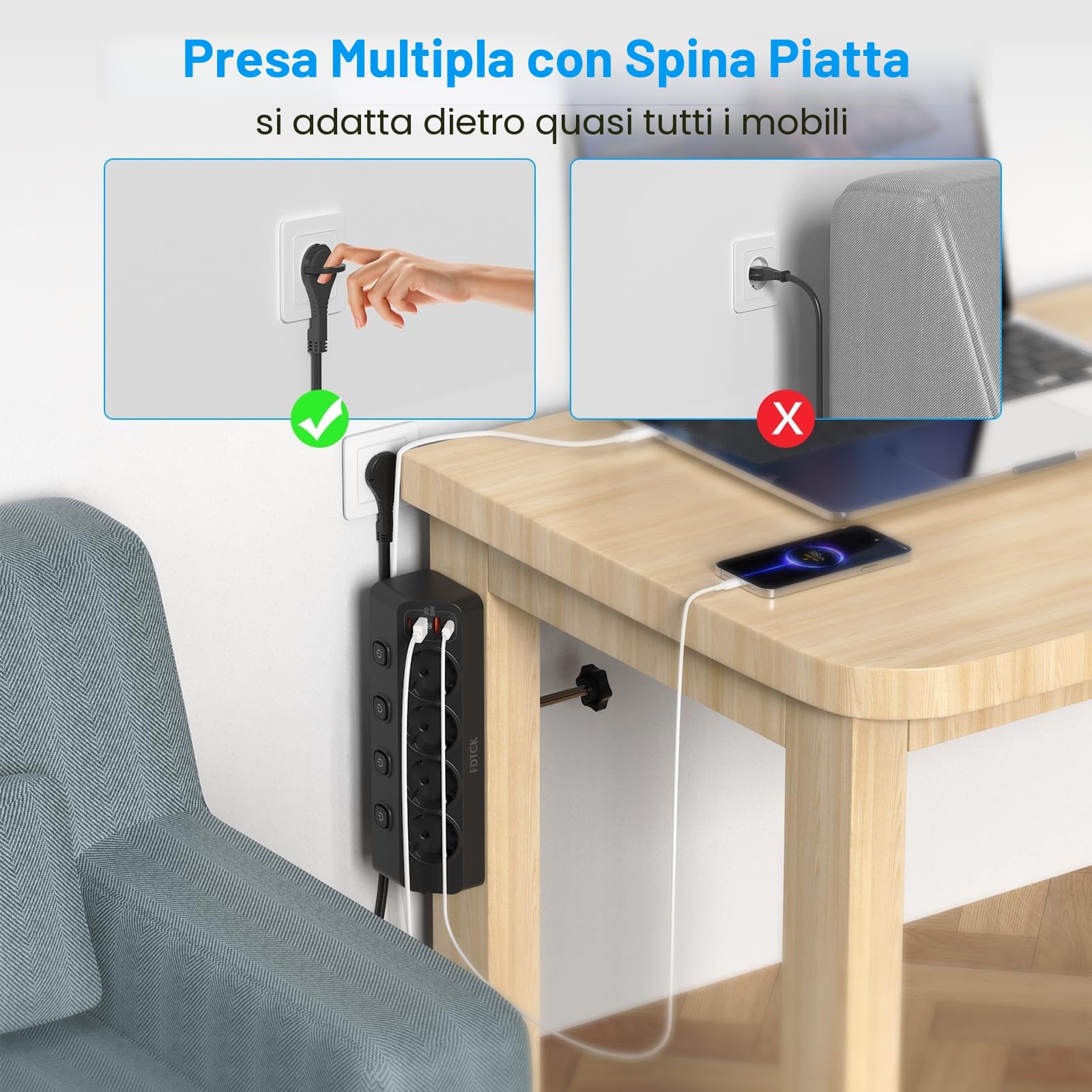 Multipresa 4000W con Protezione da Sovratensioni, Ciabatta Elettrica da Scrivania con Ricarica Rapida USB-C PD20W, Presa con 4 Interruttori Indipendenti, Ciabatta e Dispositivo di Fissaggio, Cavo 2M
