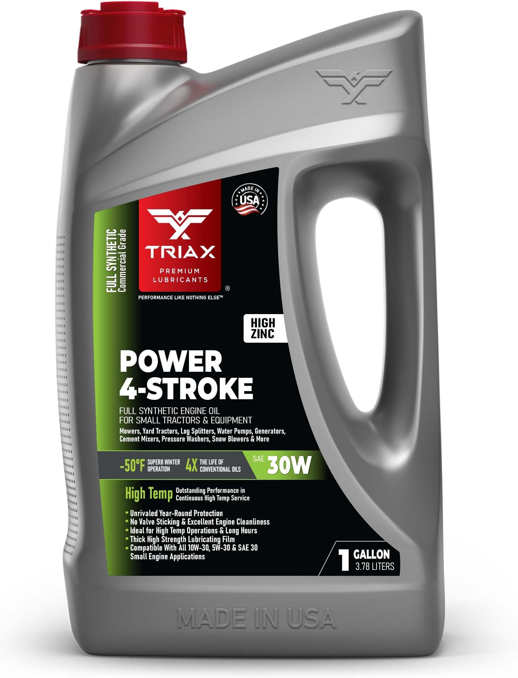 TRIAX Power 4-Stroke SAE 30W Full Synthetic 4 Cycle Small Engine Motor Oil | For Lawnmower, Generator, Tractor, Log Splitter, Snow Blower, Pressure Washer, Cement Mixer, and More (1 Gallon)
