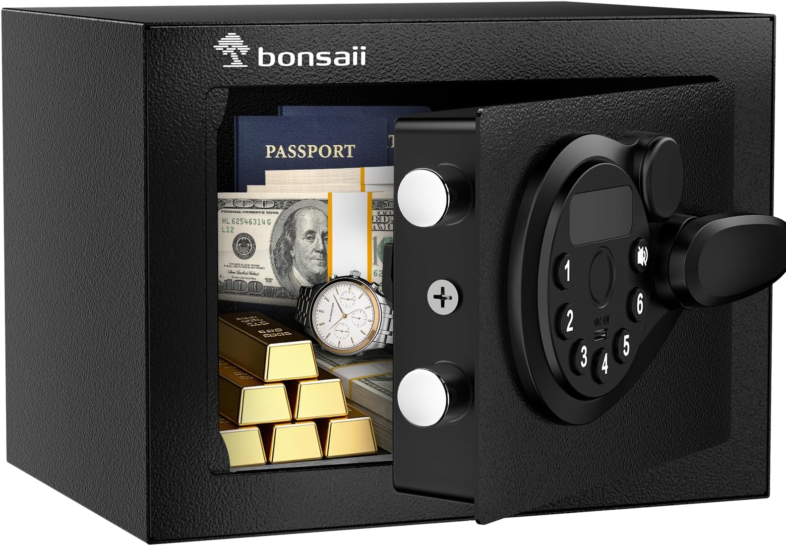 Bonsaii Safe Box with Electronic Keypad, Steel Security Lock Box with Key, 0.23 Cubic Feet, 9.06" W x 6.69" D x 6.69" H, Small Hidden Safe for Cash Jewelry