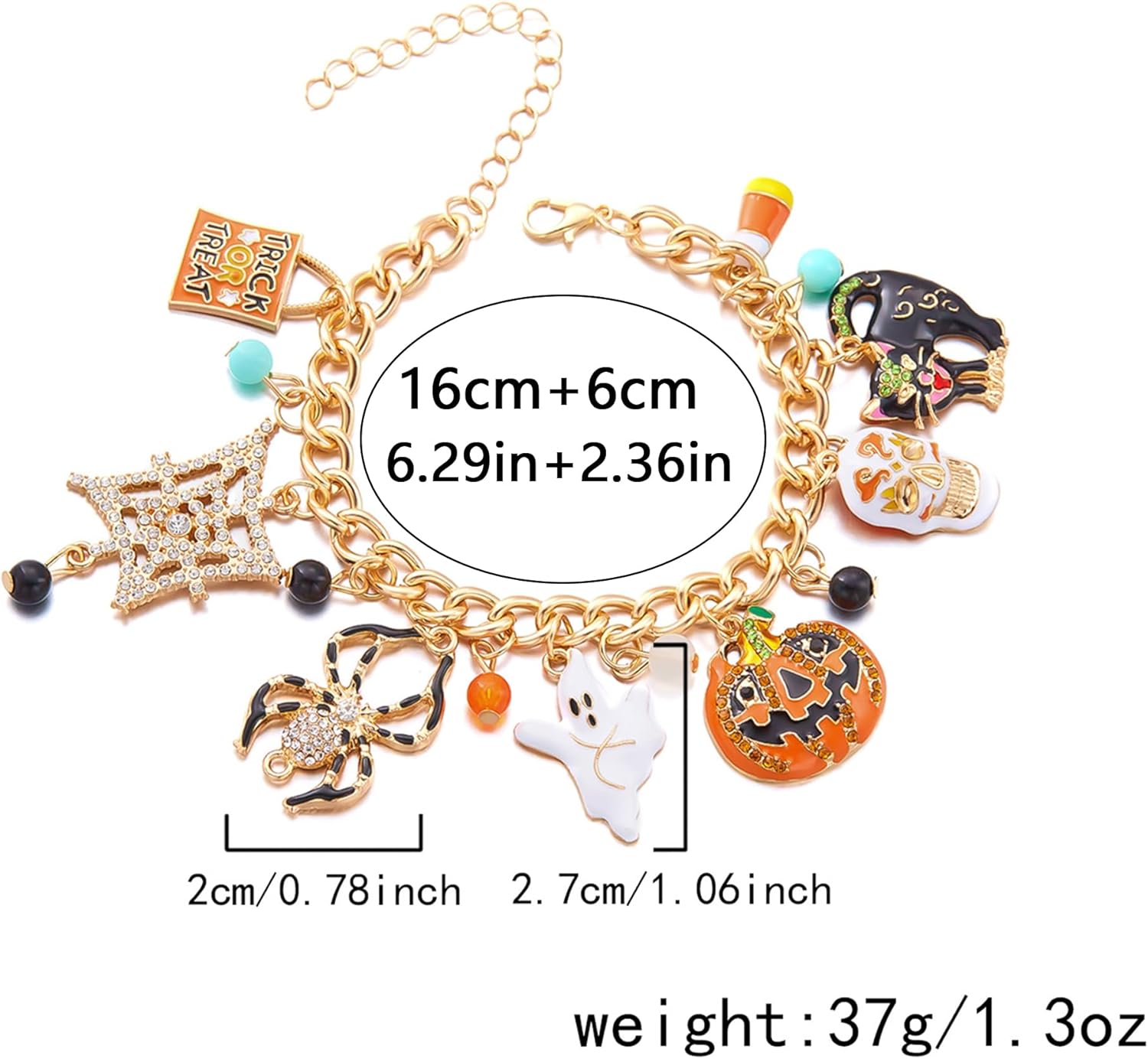 Nojess Halloween Bracelets Chunky Gold Link Pumpkin Skull Ghost Spider Cat Trick or Treat Charm Bracelet Halloween Holiday Party Gifts - Image 6