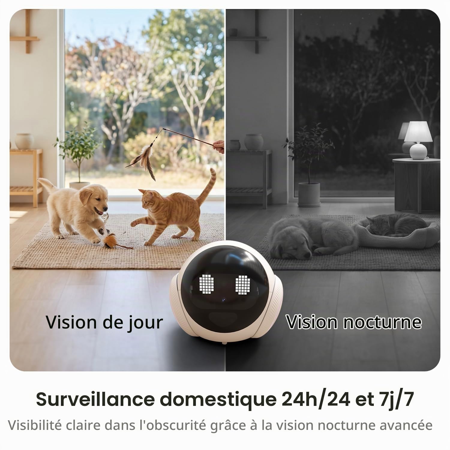 Caméra de sécurité intelligente mobile pour animaux de compagnie pour la maison, surveillance mobile 1080P pour chiens et chats, communication bidirectionnelle, vision nocturne, alimentée par