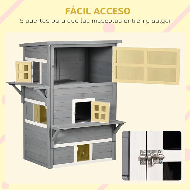 Foto 5 de 8 de PawHut Caseta para Gatos de Madera 98x68,5x122 cm Grande 5 Puertas Gris