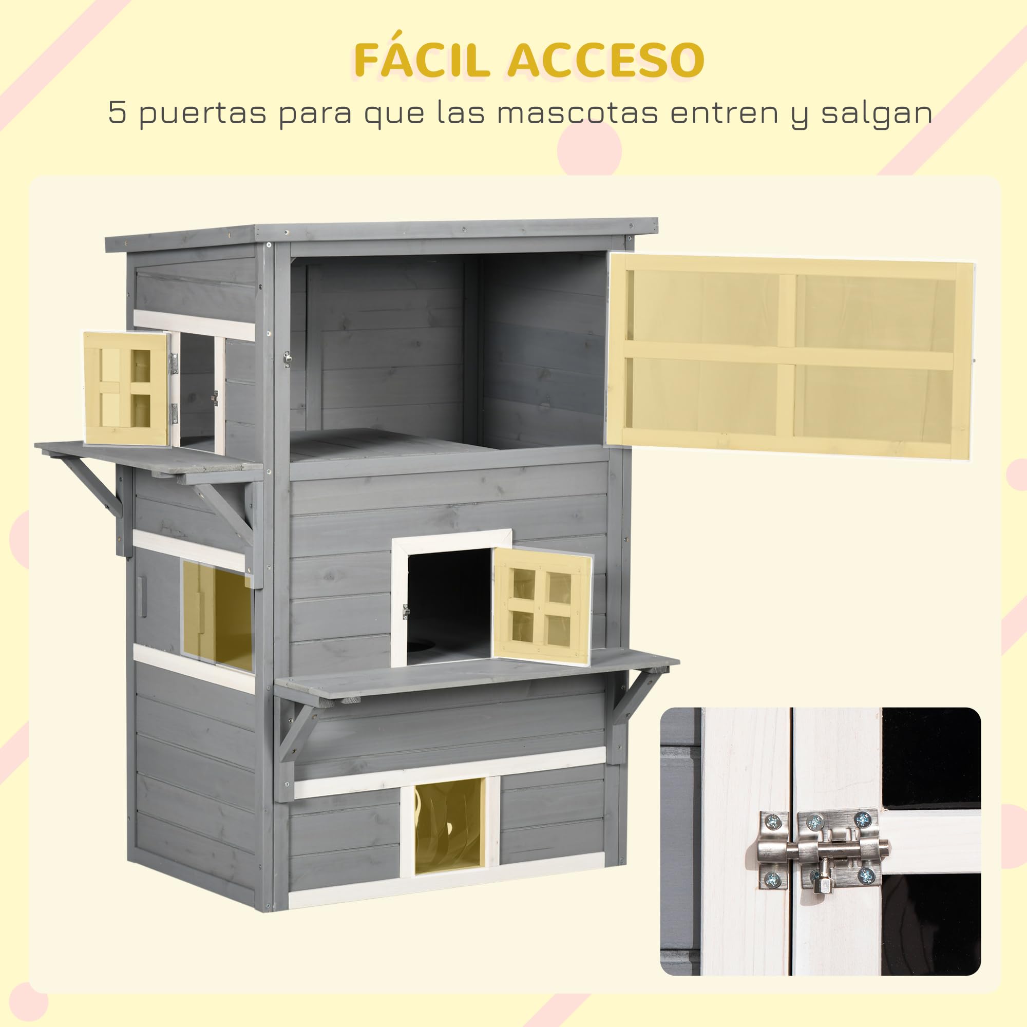 PawHut Caseta para Gatos de Madera 98x68,5x122 cm Grande 5 Puertas Gris | Casa para Gatos, 3 Niveles, 2 Plataformas, Terraza Balcón Jardín