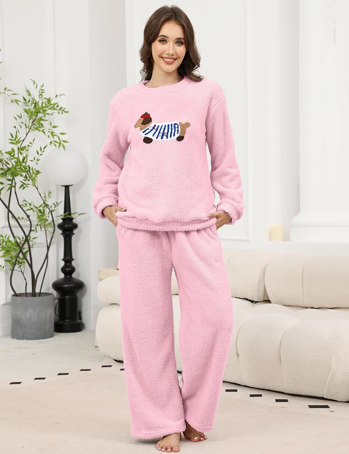 Yimoon Women' s Fluffy Fleece Pajama Set Pullover Pants Winter Dachshund Fuzzy 2 Piece Plush Pjs Warm Loungewear Sleepwear - Image 3