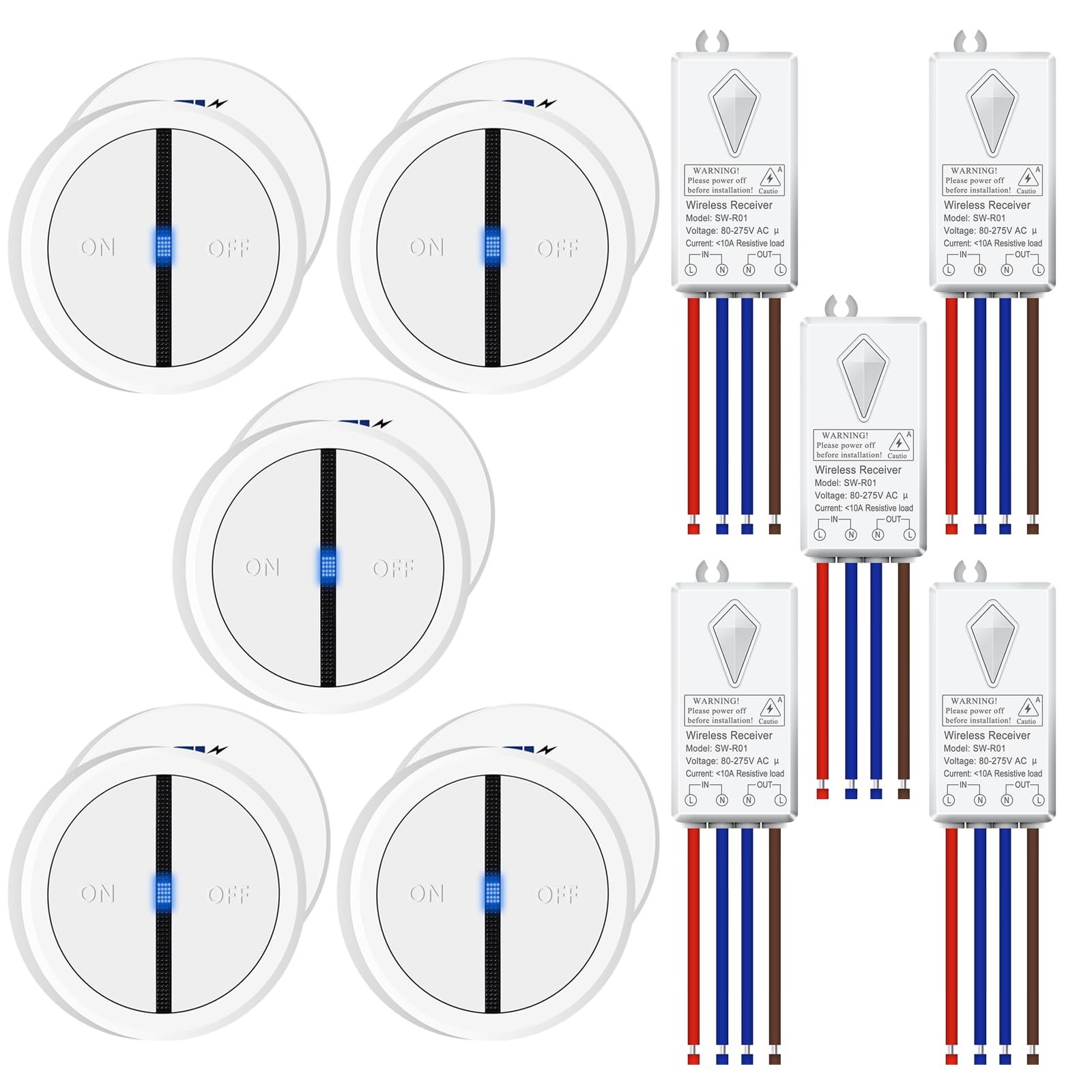 Funk Lichtschalter,NineLeaf 5PK Fernbedienung Wandschalter mit LED-Anzeige,ohne Verkabelung wandmontierbar,IP66 wasserdicht für innen und außen,Haushalt und Büro,weiß