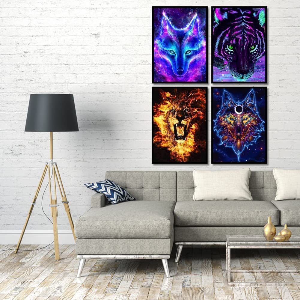 DCIDBEI Diamond Painting 4 Pezzi 40x40 Cm – Kit Lupo, Leone, Tigre 5D Fai Da Te, Mosaico Con Strass, Arte Da Parete