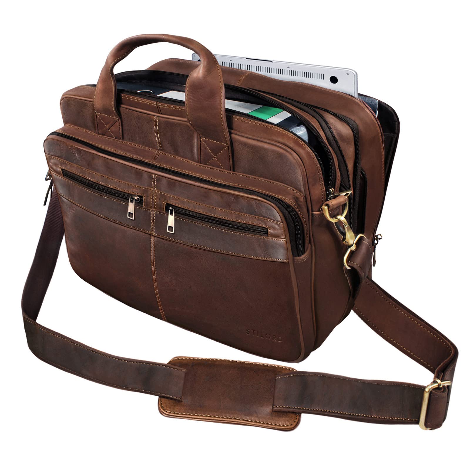 STILORD "Alexander" Borsa da lavoro in pelle uomo donna Grande borsa porta documenti e PC Ventiquattrore da ufficio Cartella per la scuola borsa a tracolla Colore:marrone