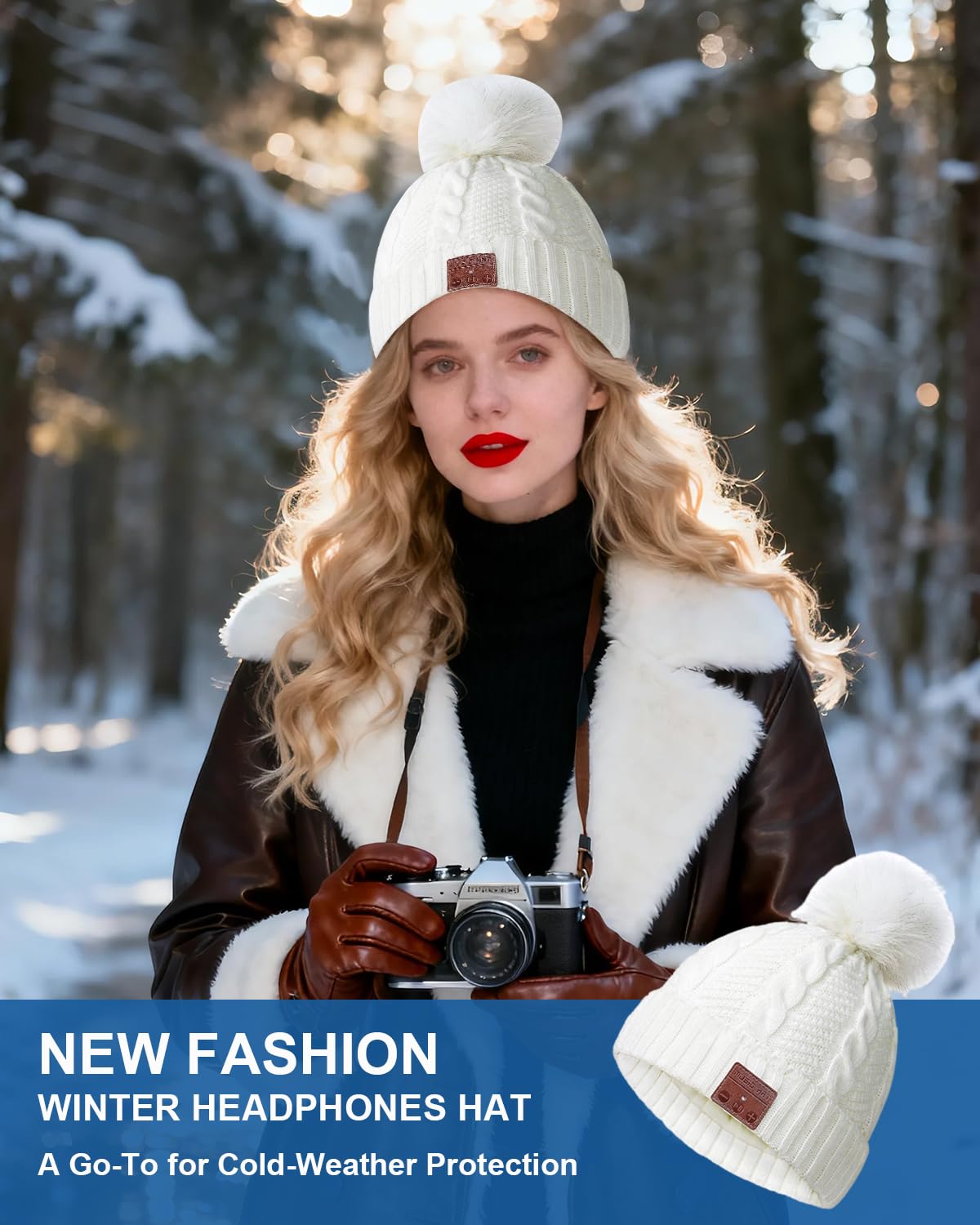 Bluetooth Beanie Hat with Headphones Sport Wireless Music Hat with Pompon and Built-in Microphone Bluetooth Beanie for Women, Hongyu-ponytail-white, One Size 4