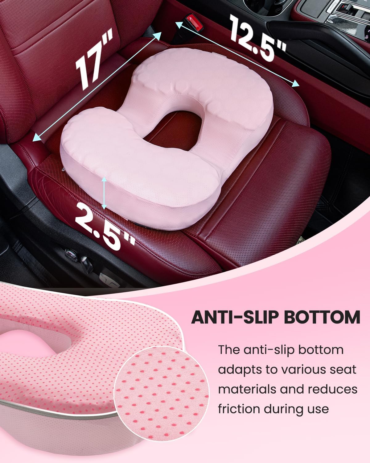 Portable Donut Pillow, Doughnut Pillow for Tailbone Pain, Non-Slip Removable Cover, Hemorrhoid Cushion for Postpartum ＆ Sciatica, Memory Foam Seat Cushion, Pink