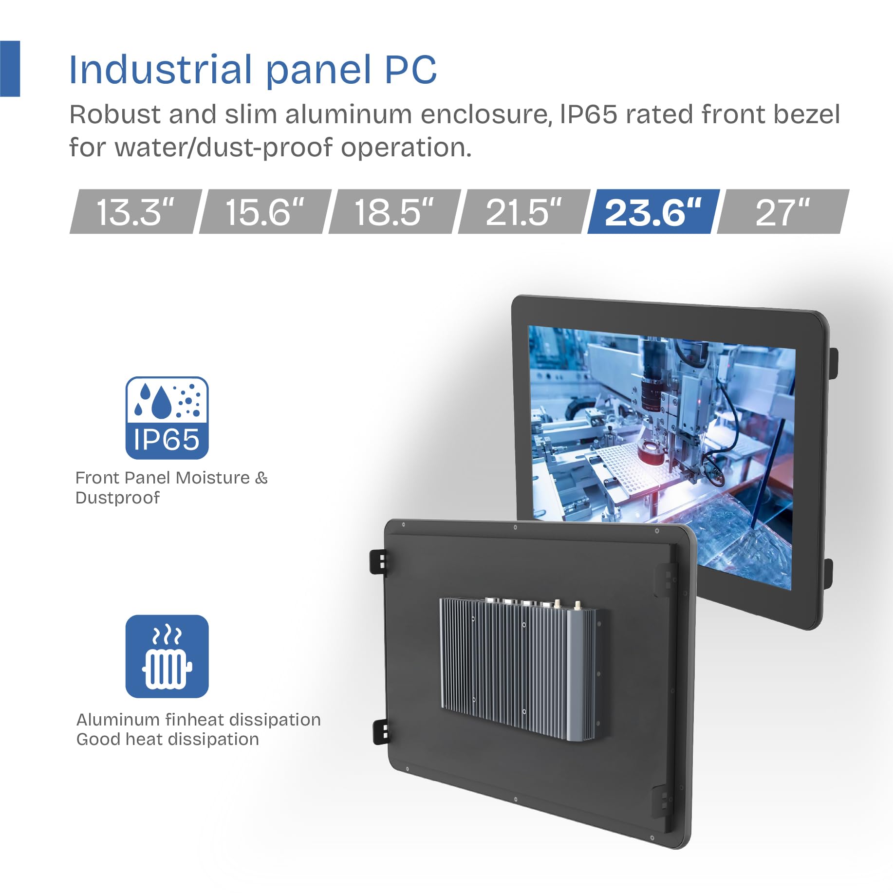 PC industriale senza ventola da 23,6",PC touch integrato 16:9 a 10 punti,computer all-in-one IP65,accensione automatica,per fabbriche,automazione,aziende (I3-7100U,senza RAM,storage e sistema)