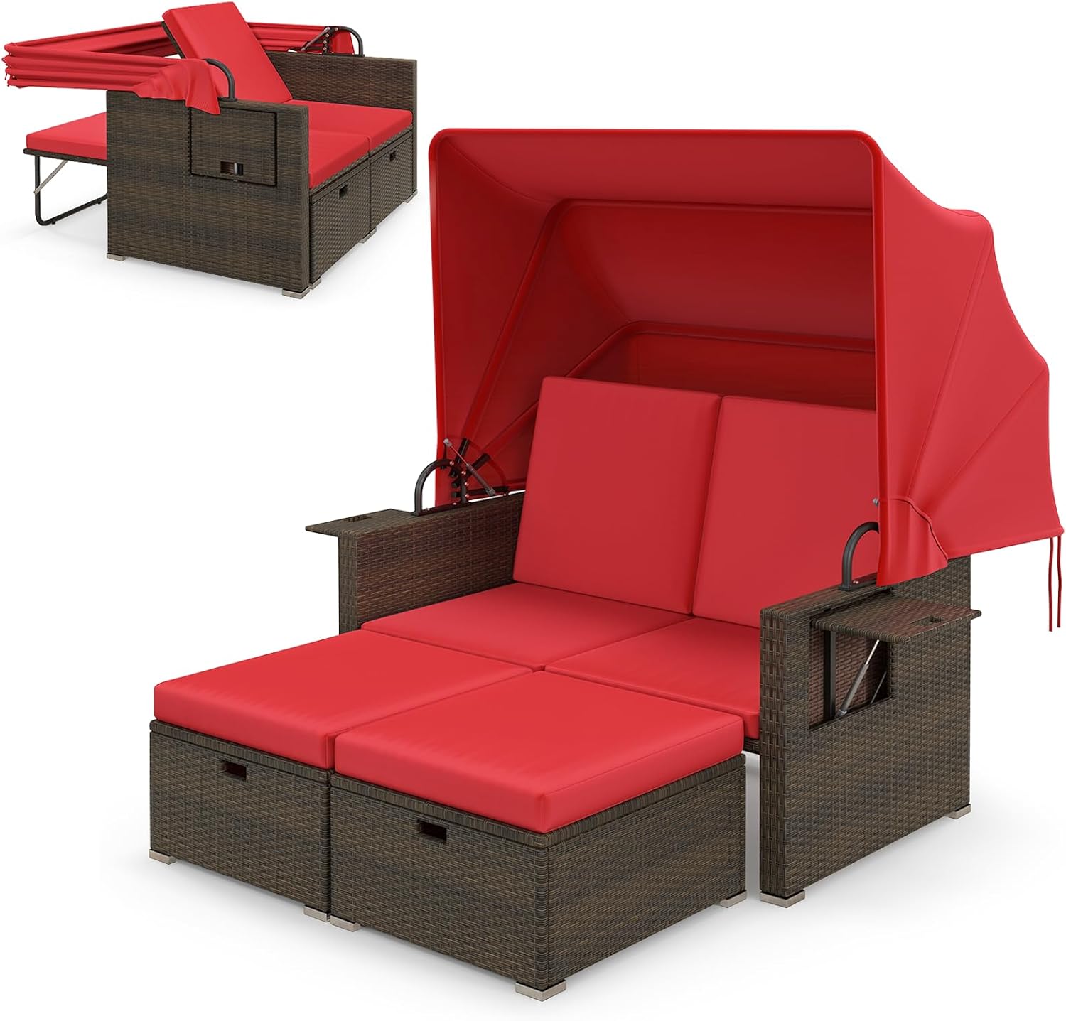Moccha Outdoor Daybed with Retractable Canopy - Rattan Loveseat Sofa Set w/ Adjustable Backrests, 2 Folding Side Panels, Storage Ottomans, Double Bed Lounger for Garden Patio Furniture Set (Red)