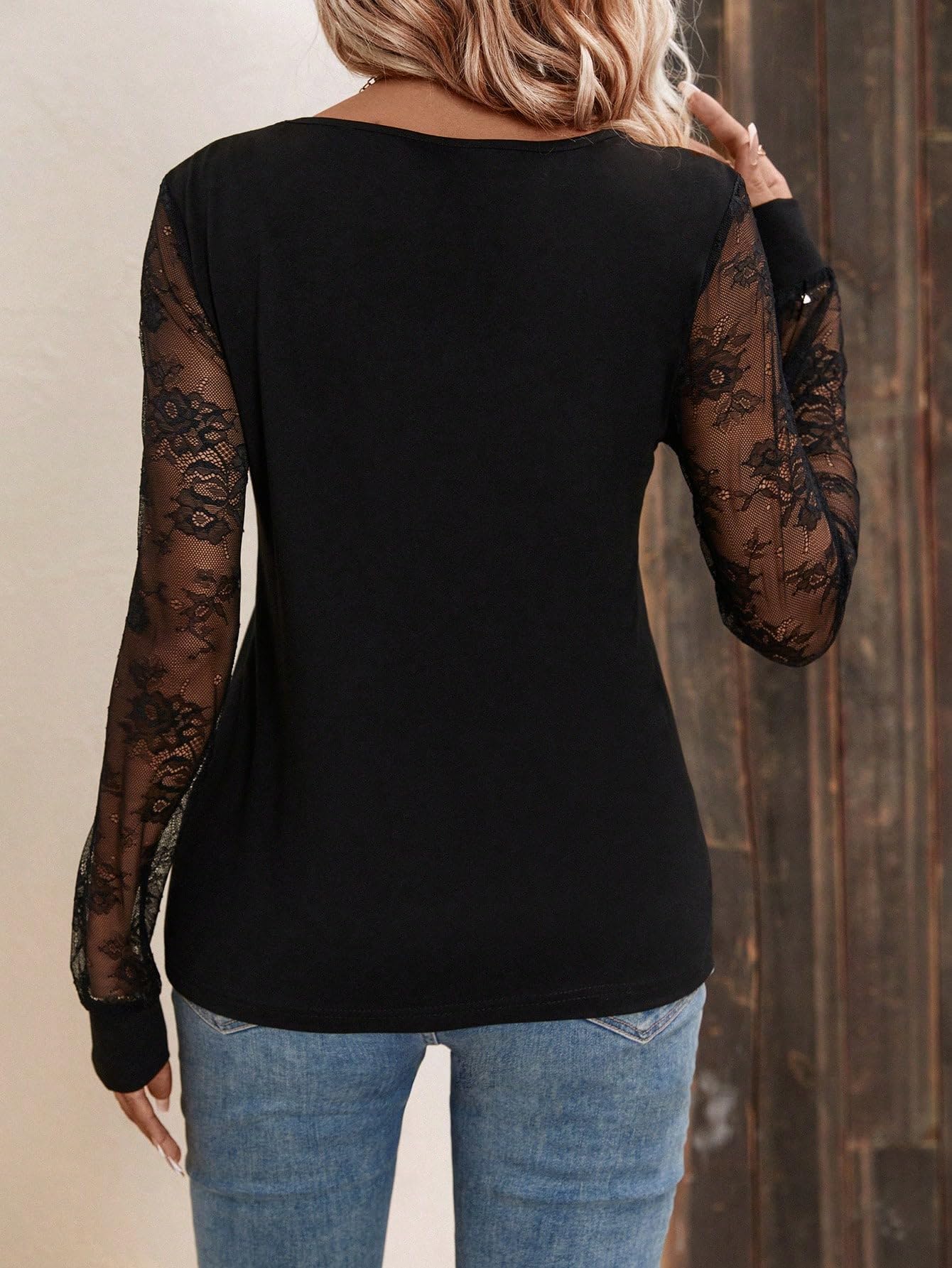 GORGLITTER Women's Lace Long Sleeve Sheer Tops Shirt Y2K Fall V Neck Gothic Festival Going Out Patchwork Tops Trendy