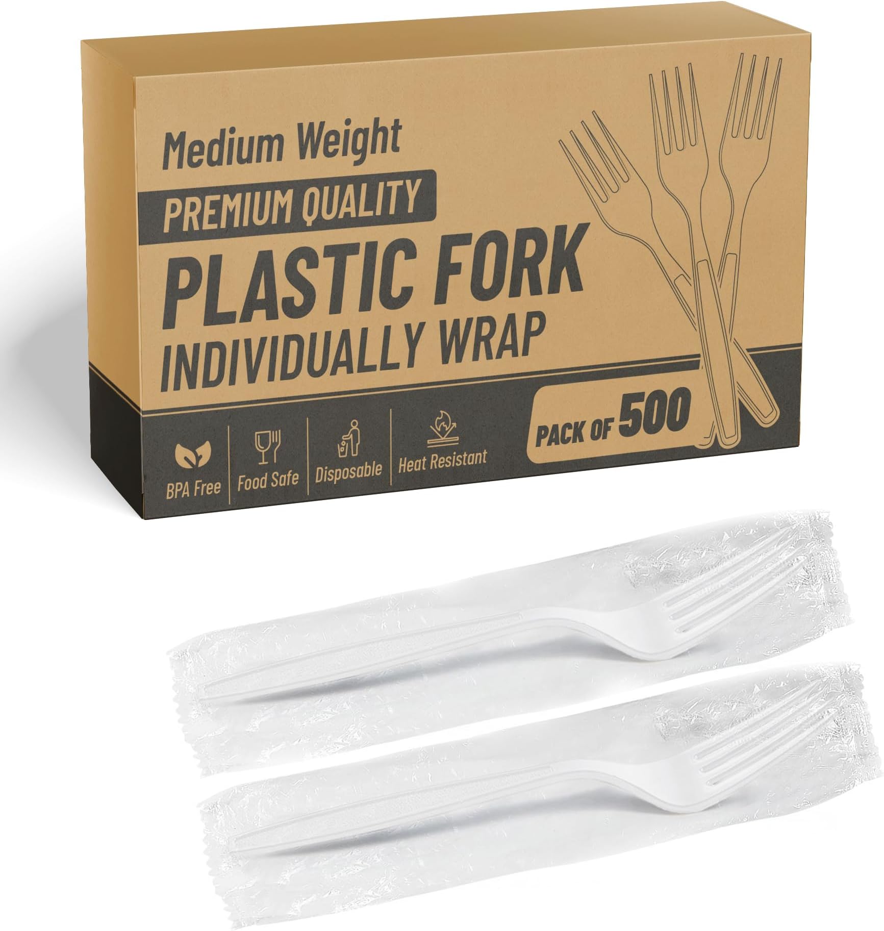 Individually Wrapped White Plastic Forks 500 Pcs- Medium Weight - Ideal for House Party, Backyard BBQ, Picnic, Home, Use.……