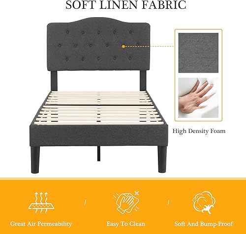 Miniatura 119 de VECELO Base de cama de plataforma de tamaño matrimonial con cabecera tapizada de tela y soporte de listones de madera, no necesita somier, fácil