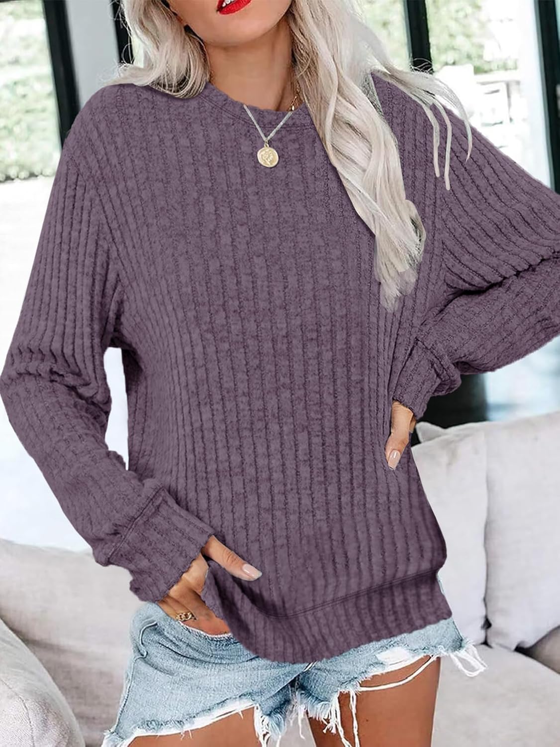 Women Ribbed Sweatshirt Casual Crew Neck Pullover Sweatshirt Loose Soft Long Sleeve Fall Winter Sweaters 2026 - Image 2