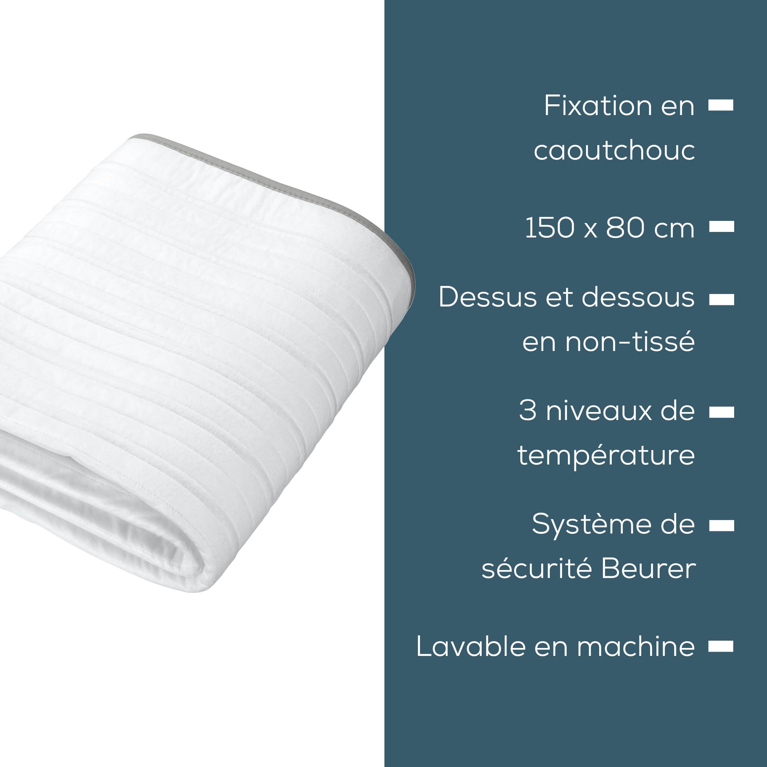 Beurer TS 17 Surmatelas Chauffant, Matière Douce Non Tissée, Antidérapante grâce à la Fixation avec Elastique, 3 Niveaux de Température, 150x80cm, Système de Sécurité, Interrupteur Amovible, Lavable