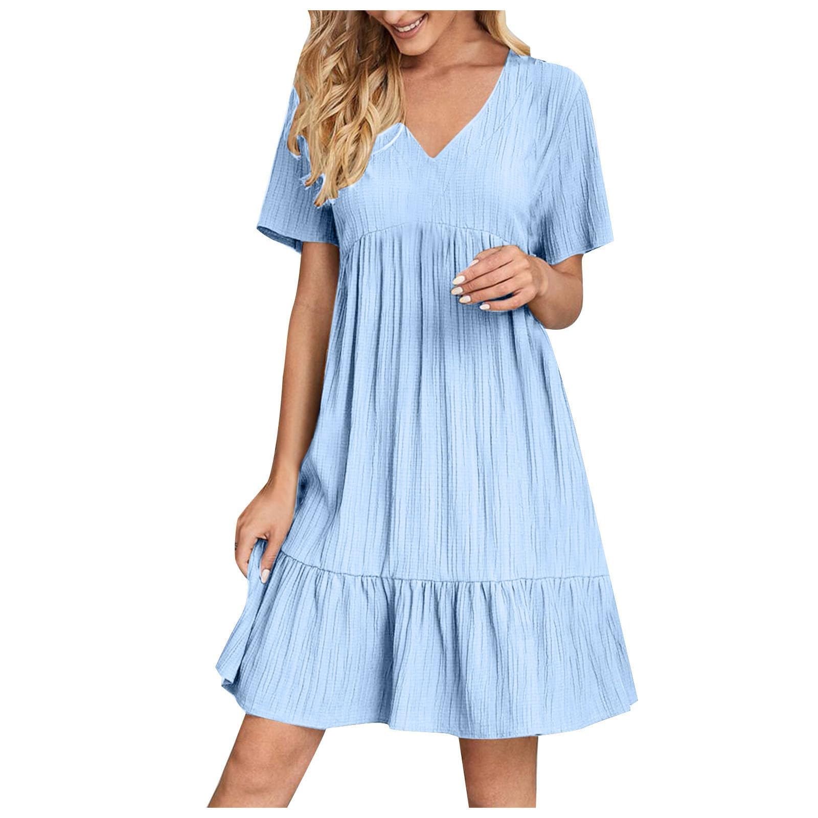 Vestido de muselina para mujer, de verano, de lino, largo hasta la rodilla, con cuello en V, camiseta, vestido de manga corta, vestido de casa, elegante, sencillo, informal, suelto, con volantes