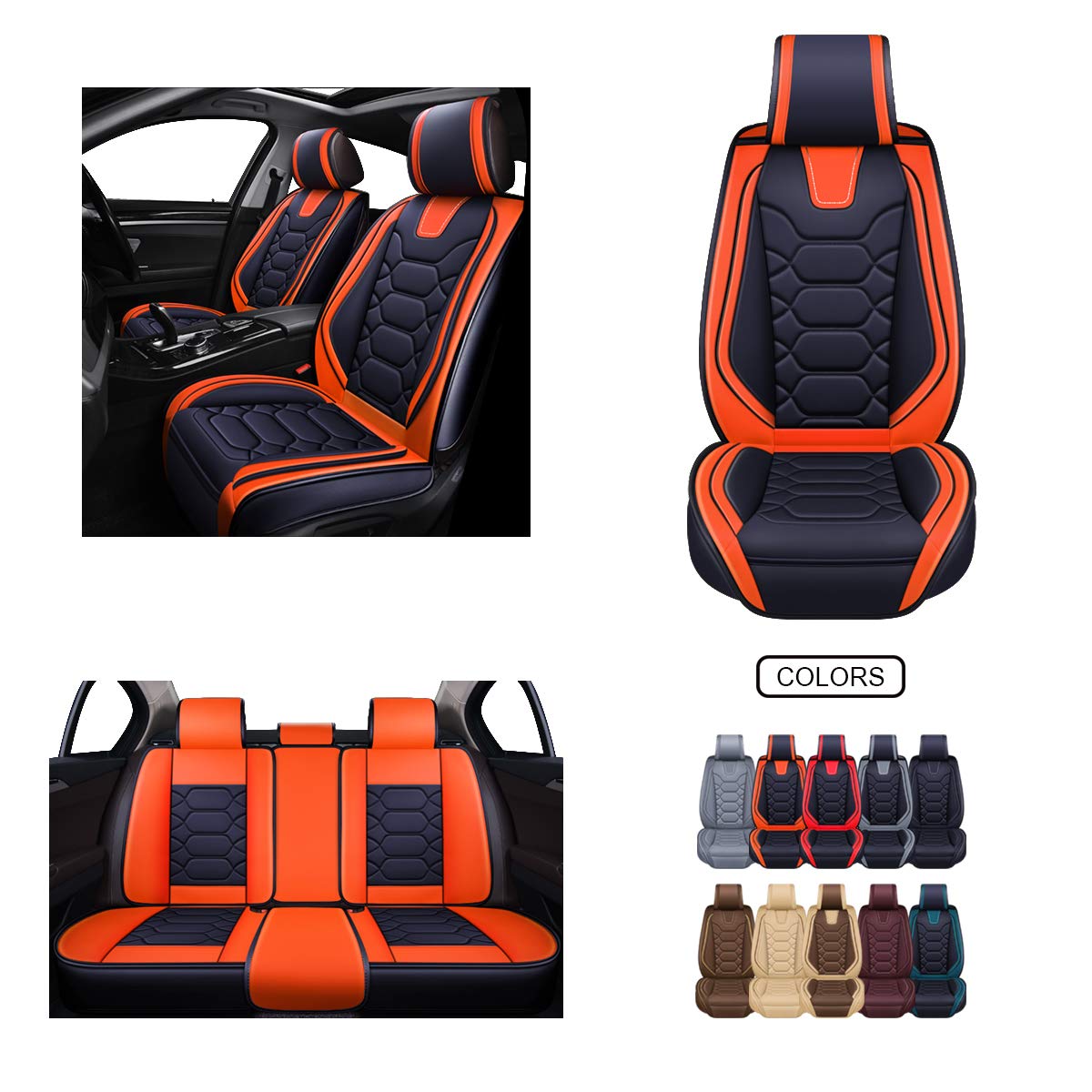 OASIS AUTO OS-004 Leather Car Seat Covers, Faux Leatherette Automotive Vehicle Cushion Cover for 5 Passenger Cars & SUV Universal Fit Set for Auto Interior Accessories (Front&Rear, Black&Orange)