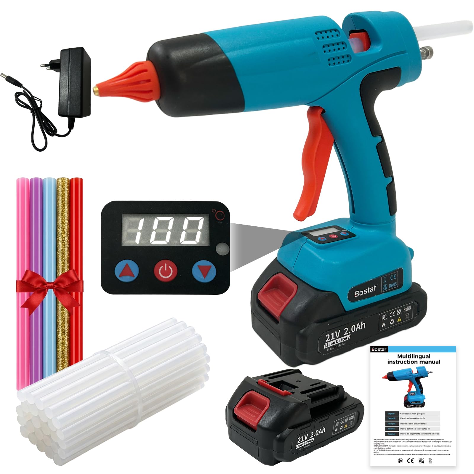 Bostar Pistola de Silicona Digital 100-220°C para Makita 18V, Kit con 2 Baterías 2.0Ah y 35 Barras 11mm, Flujo Regulable y Memoria, Pistola Termofusible Inalámbrica para DIY y Reparación Profesional