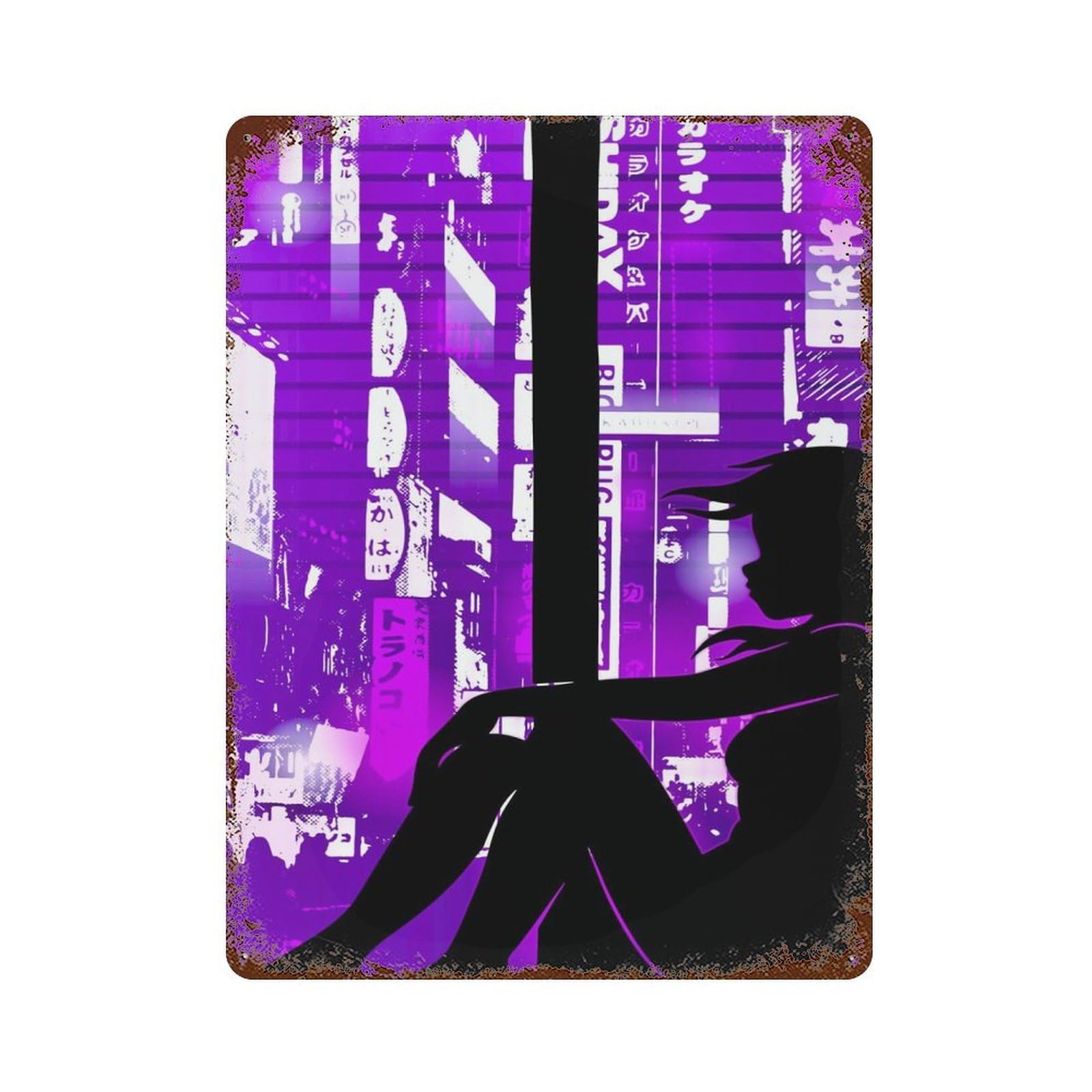 Vaporwave Window Girl Weathered Tin Sign 15.7"x11.8", for Patio, Garden Room And Bar Decor, Farmhouse Wall Decor